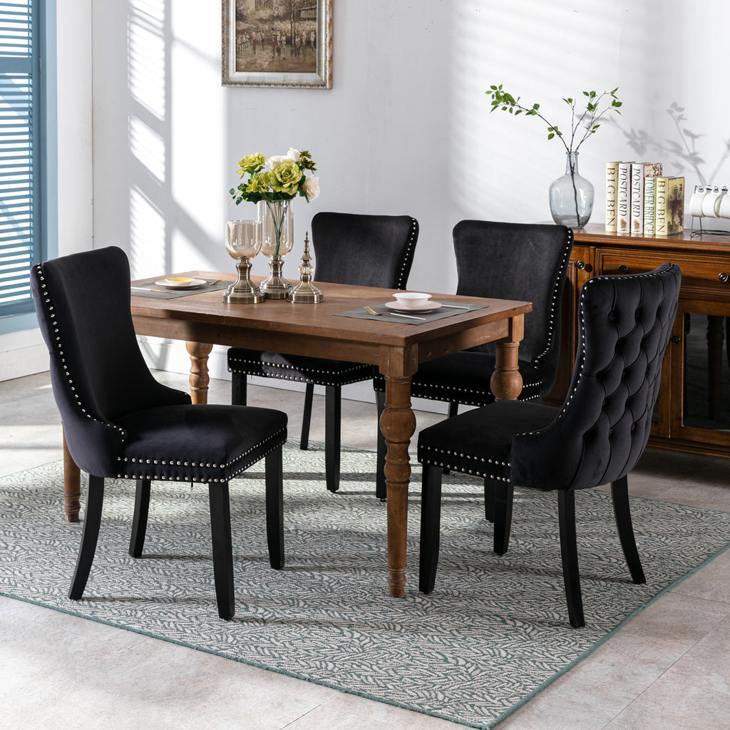 Upholstered Wing-Back Dining Chair with Backstitching Nailhead Trim and Solid Wood Legs,Set of 2, Black,SW8809BK, KD - Grand Goldman Shop