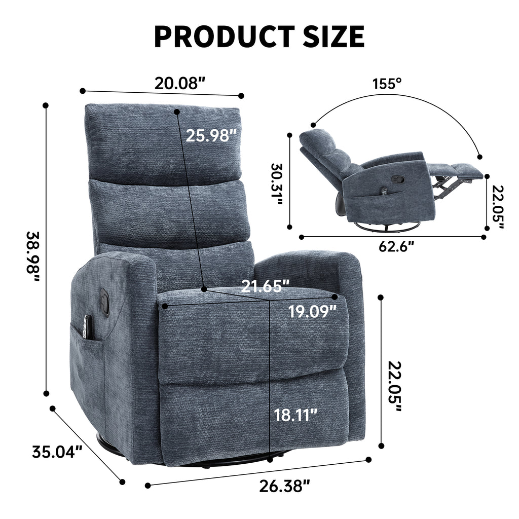 Heat Massage Manual Recliner Chair with Rocker and Swivel in Fabric for Living Room, Blue - Grand Goldman Shop