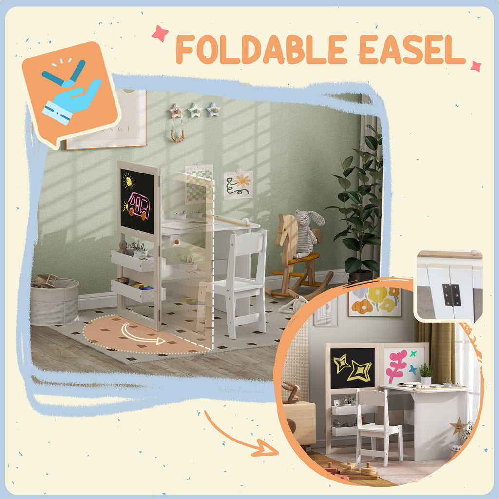 Qaba Kids Table and Chair Set, 3 in 1 Kids Art Table and Chair Set with Storage Shelves, Foldable Blackboard, Whiteboard & Ro