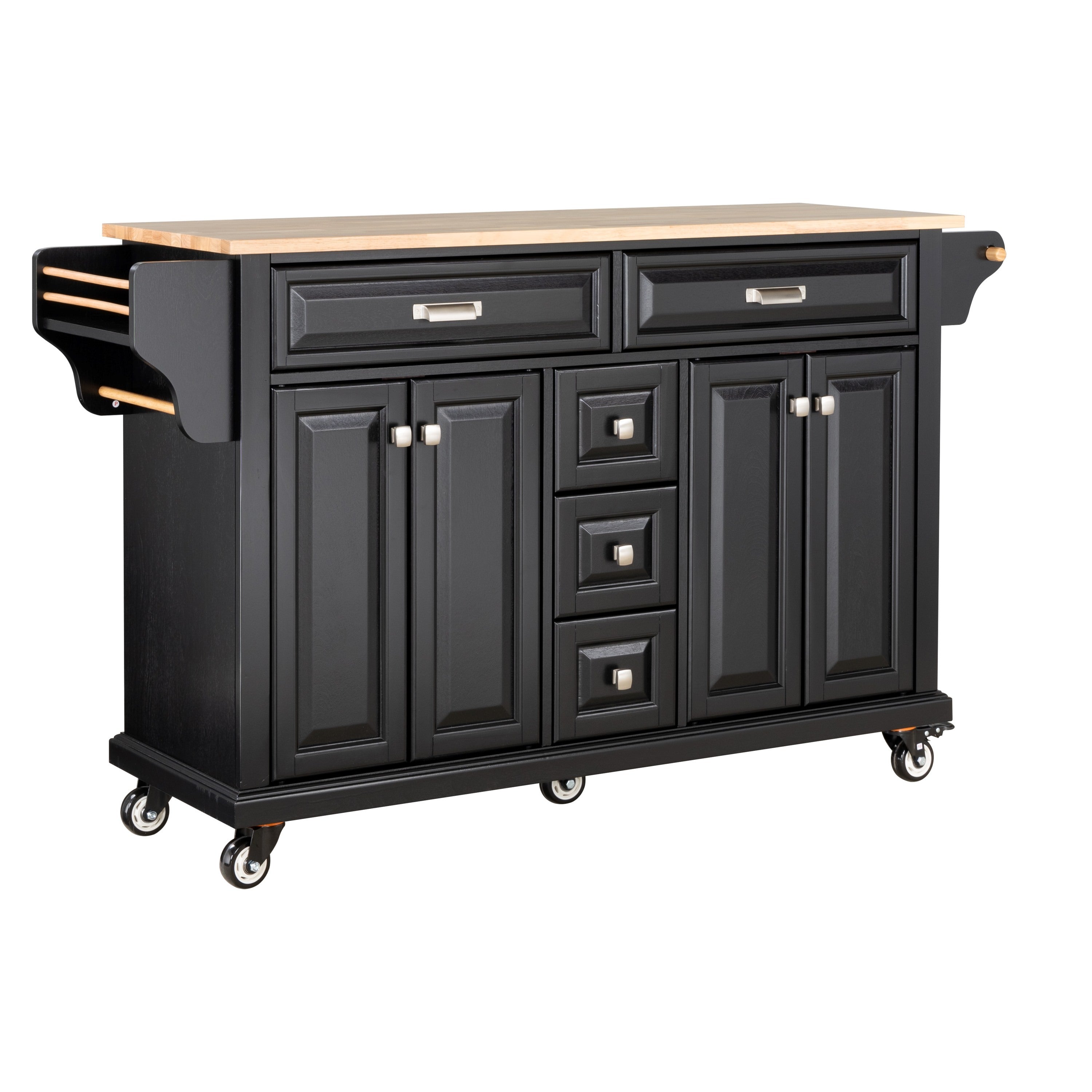 Kitchen Island with Rubber wood Countertop, Kitchen Cart on 5 Wheels with Storage Cabinet and 5 Drawers for Dinning Room, Black - Grand Goldman Shop