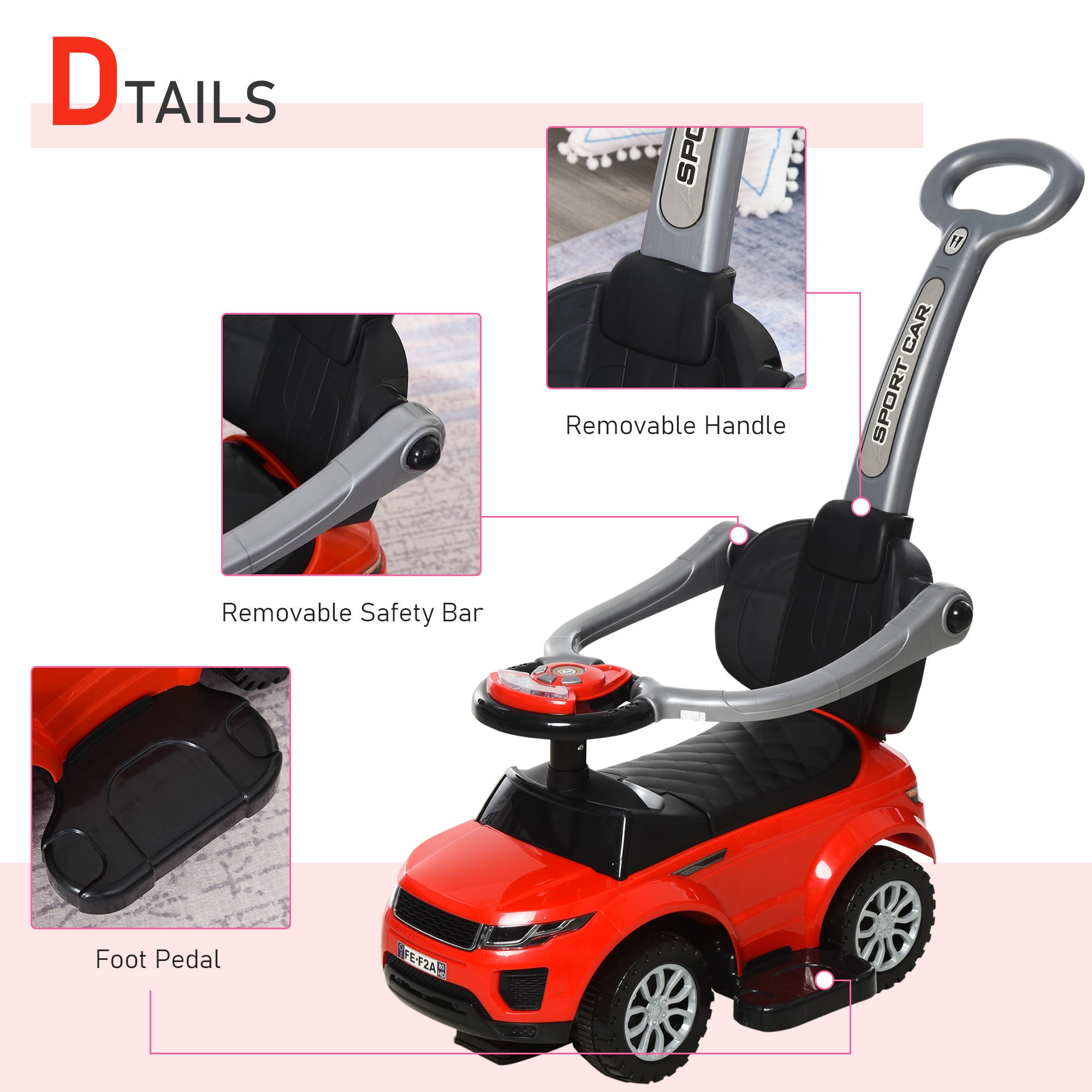 Aosom 2 In 1 Push Cars for Toddlers Kid Ride on Push Car Stroller Sliding Car with Horn Music Light Function Secure Bar Ride 