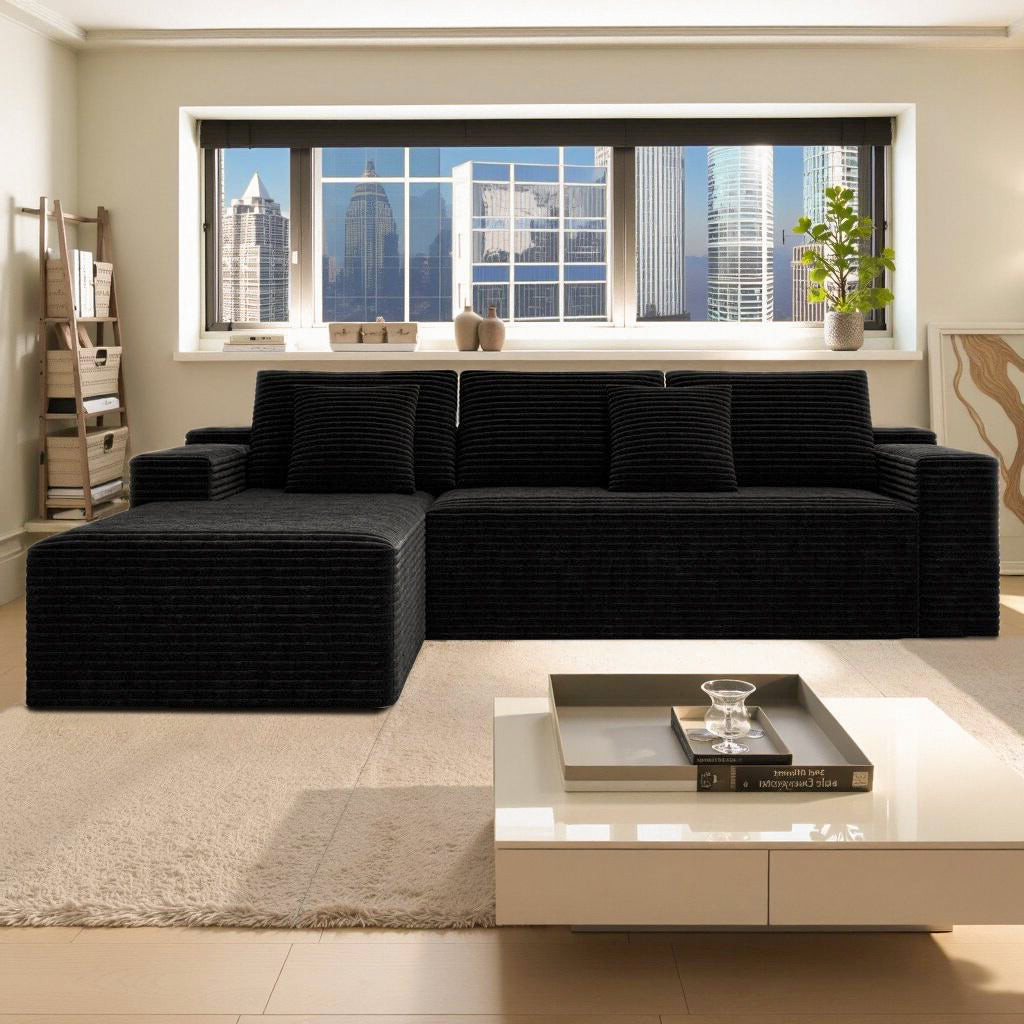 104.3*68.9'Modular sectional sofa seat,Upholstered compressed couch for living room,Bedroom,Apartment,No assembly required,2PC free combination,Plush corduroy fabric,BLACK - Grand Goldman Shop