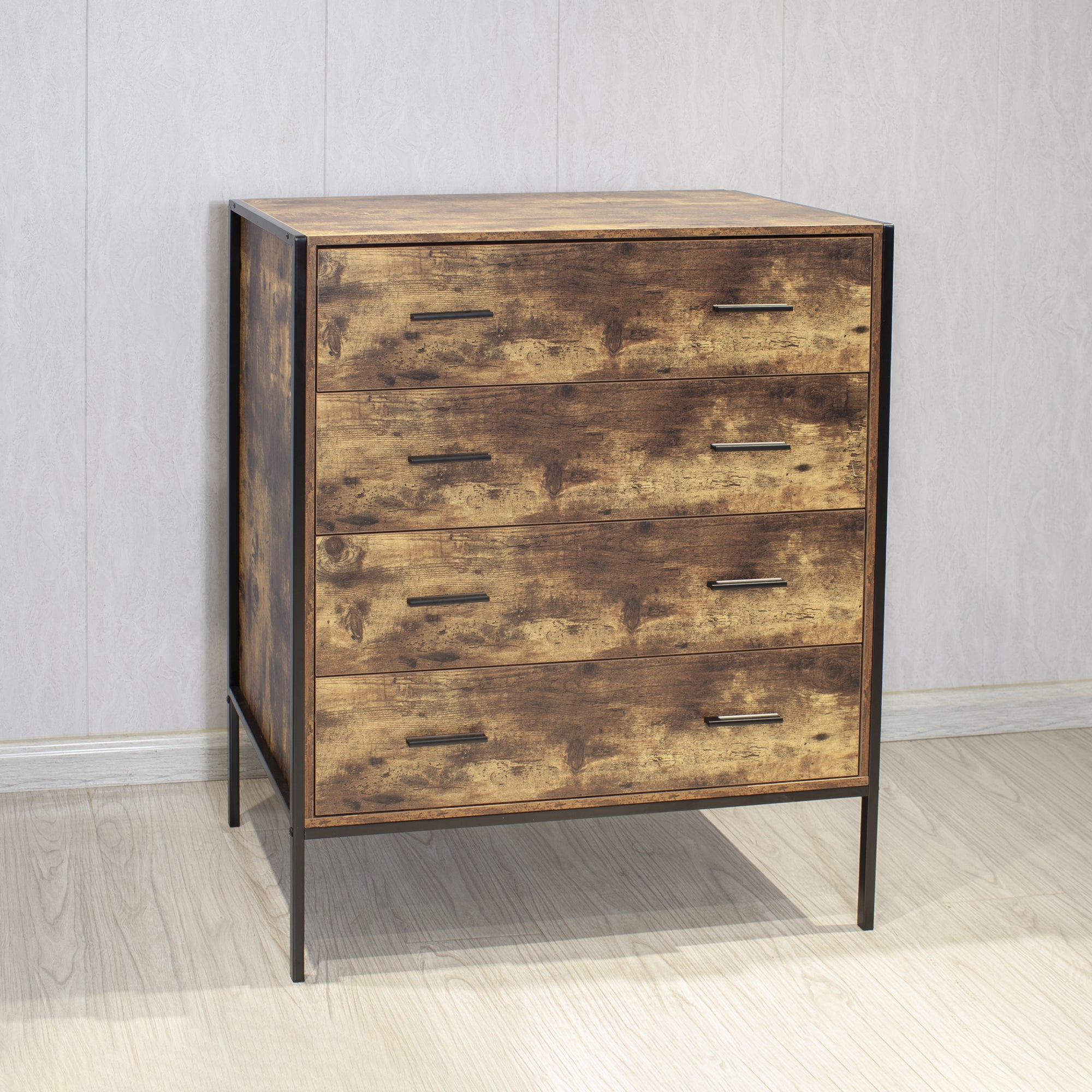 Industrial Style 4 Drawer Dresser,Rustic Brown Wood Storage Dresser Clothes Organizer with Sturdy Steel Frame, Chest with 4 Drawer, Storage Cabinet for Bedroom, Living Room - Grand Goldman Shop