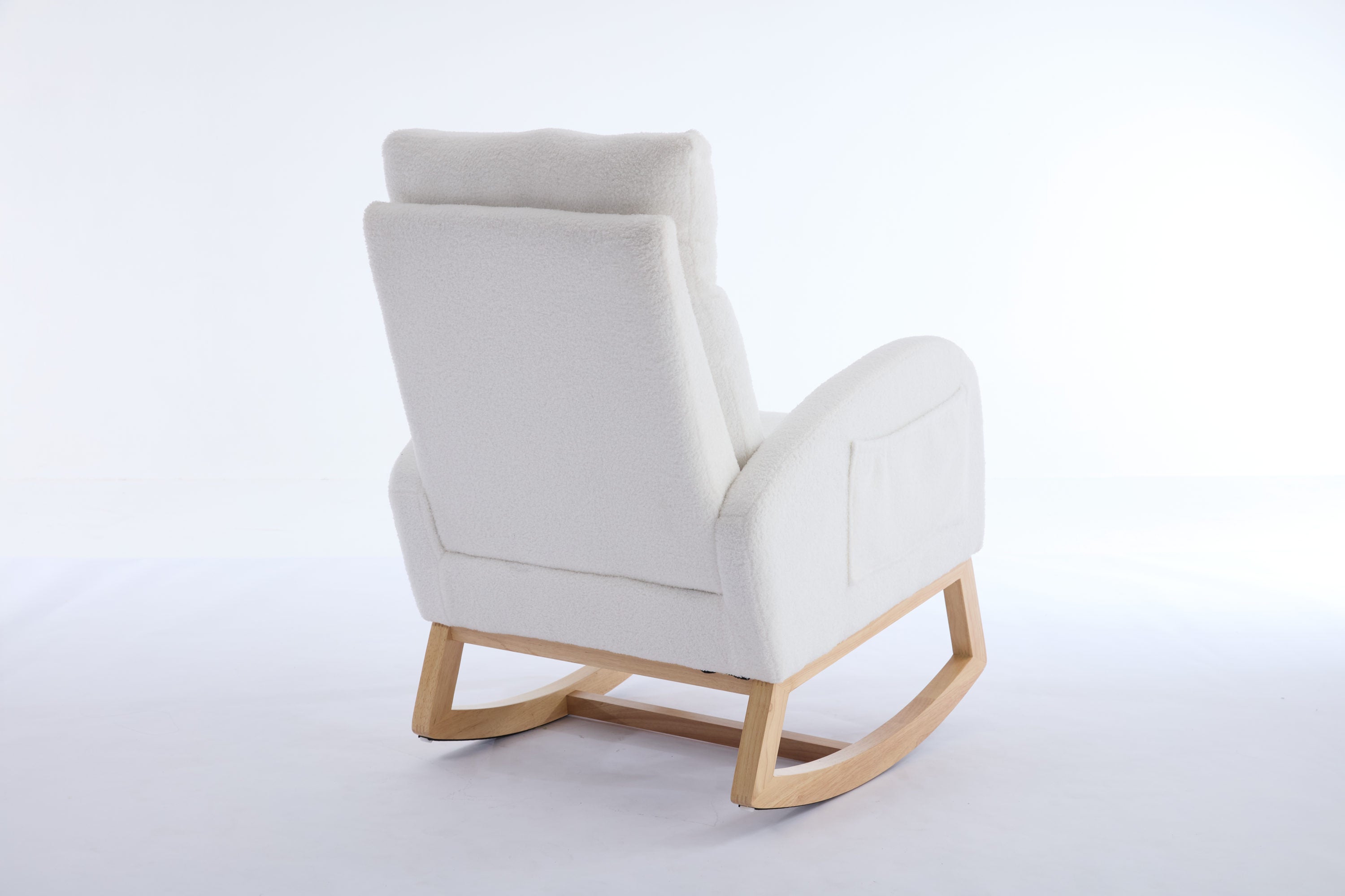 015B-Teddy Fabric Leisure Rocking Chair,Nursery Rocking Chair With Adjustable Footstool,Thickened Headrest And High Backrest, Storage Pocket On The Right Side,The Base Rocker Is Solid Wood,White - Grand Goldman Shop
