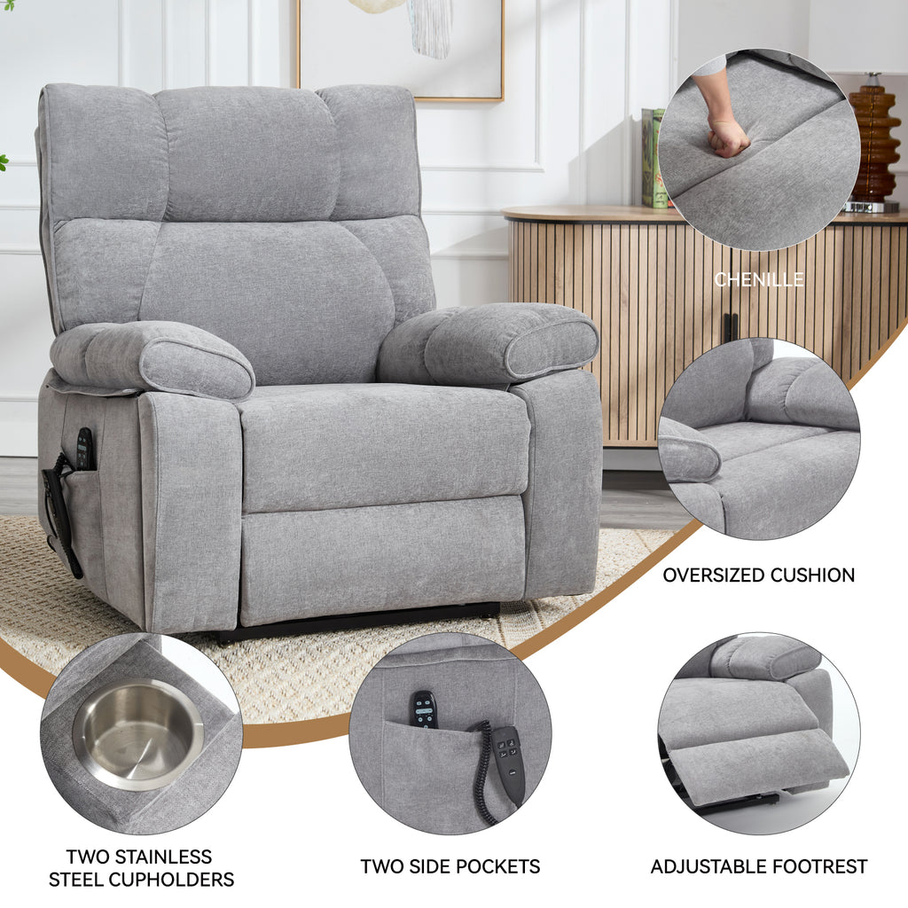 Grey Heat Massage Dual Motor Infinite Position Up to 350 LBS Large Electric Power Lift Recliners with Hidden Cup Holders, Power-Remote, Medium-firm and Heavy Duty - Grand Goldman Shop