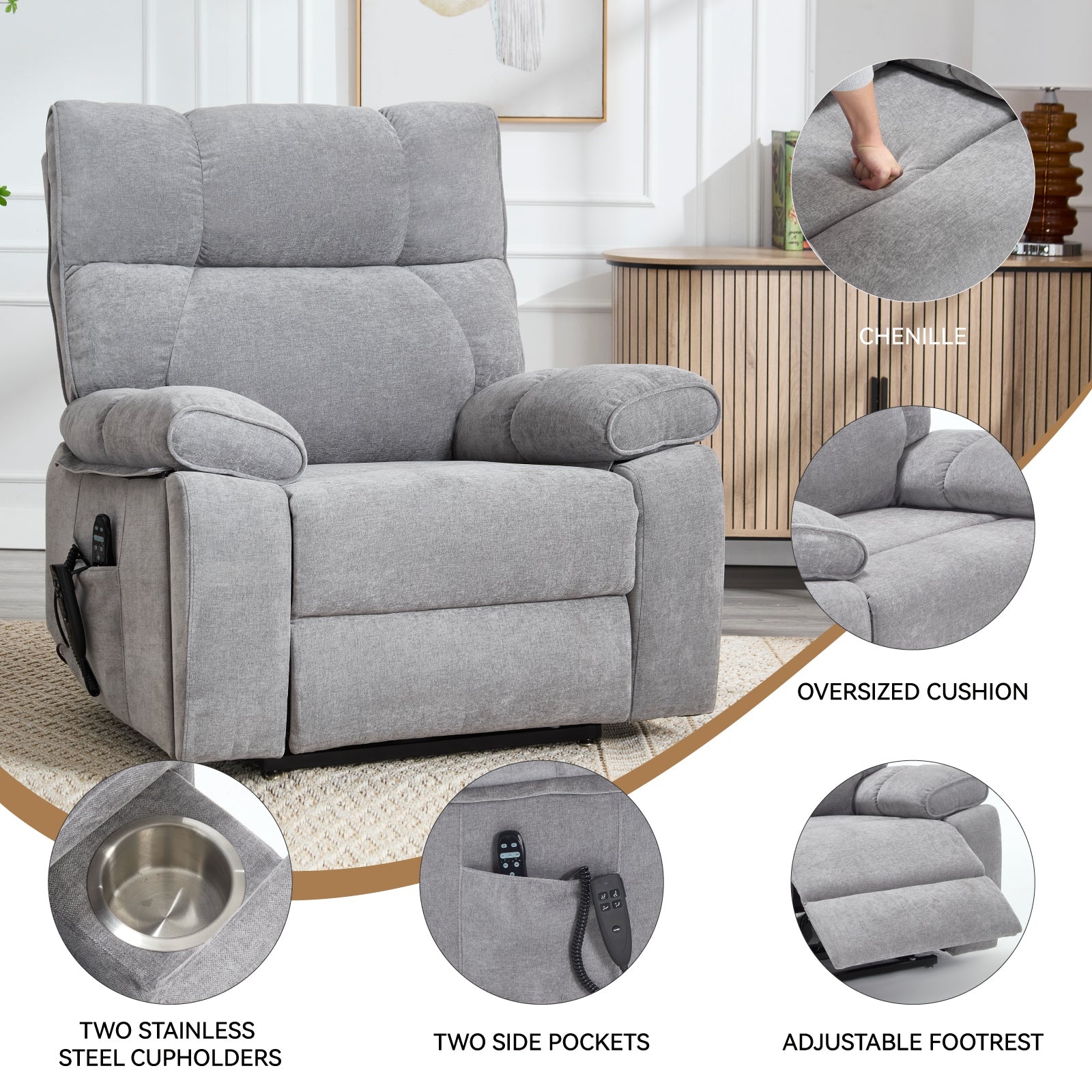 Grey Heat Massage Dual Motor Infinite Position Up to 350 LBS Large Electric Power Lift Recliners with Hidden Cup Holders, Power-Remote, Medium-firm and Heavy Duty - Grand Goldman Shop