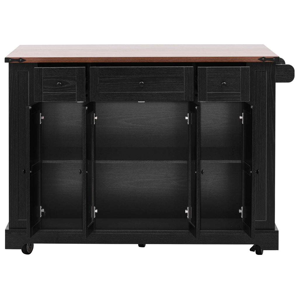 K&K 53'' Farmhouse Kitchen Island with Two Tempered Glass Cabinet Doors, Power Outlet, Rolling Kitchen Cart on Wheels with Drop Leaf, 5 Open Side Racks, 3 Drawers, for Kitchen, Dining Room, Black - Grand Goldman Shop
