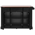 K&K 53'' Farmhouse Kitchen Island with Two Tempered Glass Cabinet Doors, Power Outlet, Rolling Kitchen Cart on Wheels with Drop Leaf, 5 Open Side Racks, 3 Drawers, for Kitchen, Dining Room, Black - Grand Goldman Shop