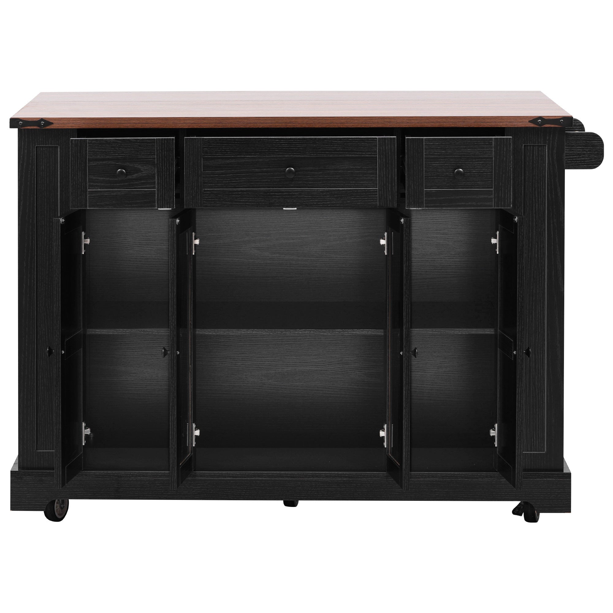 K&K 53'' Farmhouse Kitchen Island with Two Tempered Glass Cabinet Doors, Power Outlet, Rolling Kitchen Cart on Wheels with Drop Leaf, 5 Open Side Racks, 3 Drawers, for Kitchen, Dining Room, Black - Grand Goldman Shop