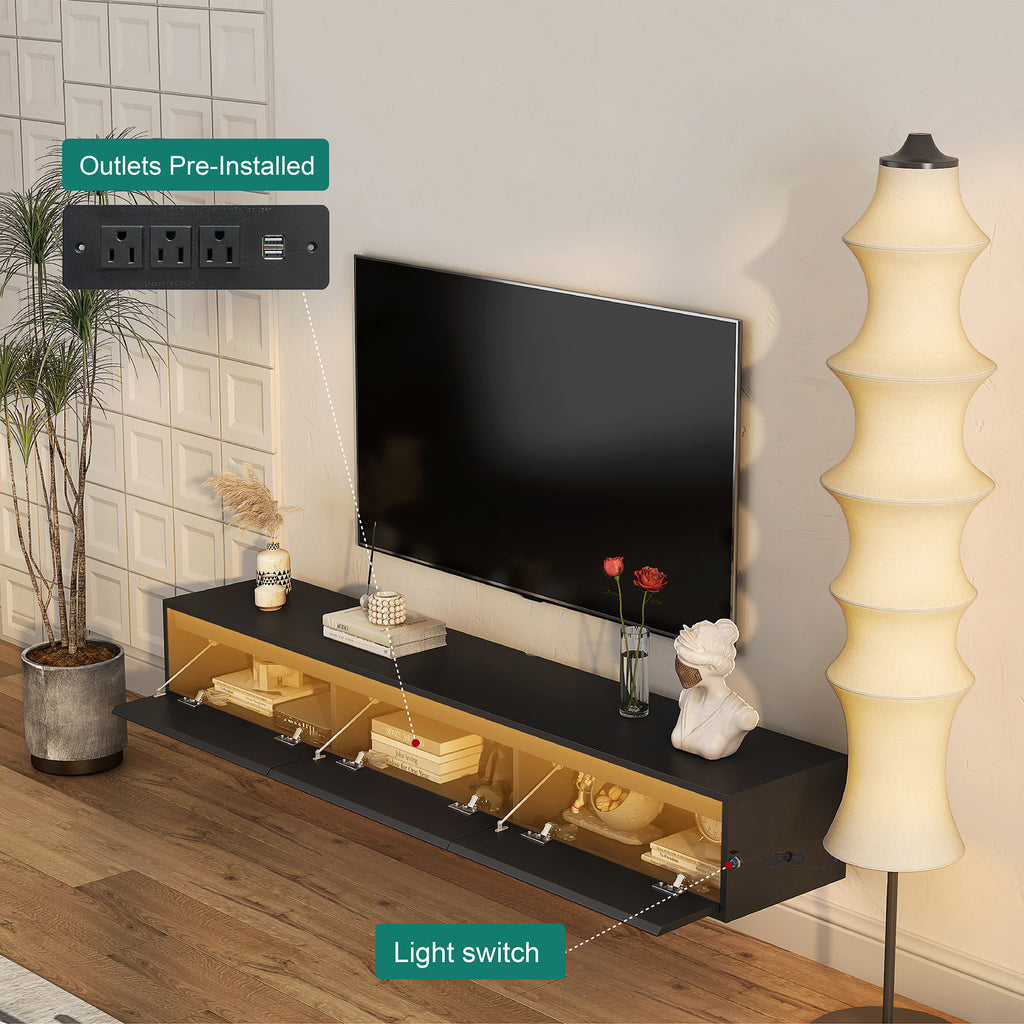 Floating TV Stand, Wall Mounted TV Shelf with Led Lights & Power OutletTV Cabinet for Black tv Stands for Living Room - Grand Goldman Shop