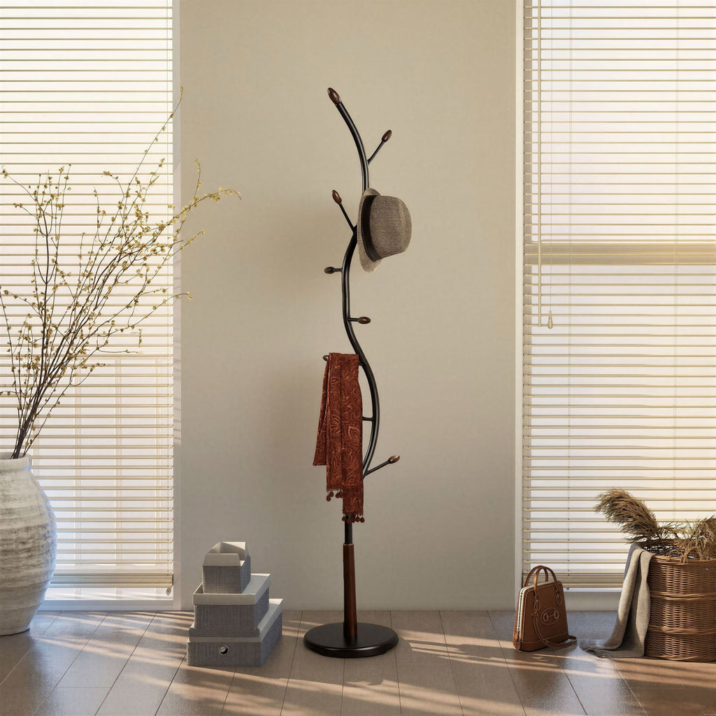 Arles Metal Black and Walnut Standing Coat Rack - Grand Goldman Shop
