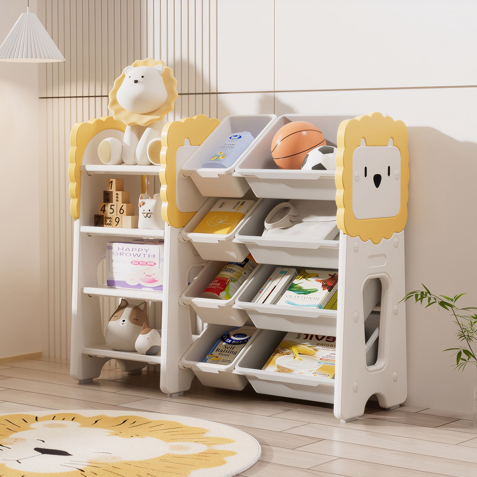 Kids Bookshelf and Toy Storage, 4-Tier Toy Organizers W/8 Removable Storage Bins, Kids Toy Storage Organizer for Study Room, 