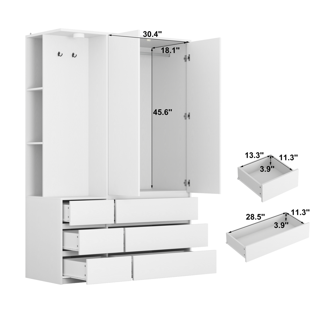 Wardrobe Closet 71.7' H, Bedroom Wooden Wardrobe with 2 Doors 6 Drawers, Modern Clothing Storage Cabinet Combination with Storage Shelves and Hanging Rail, White - Grand Goldman Shop