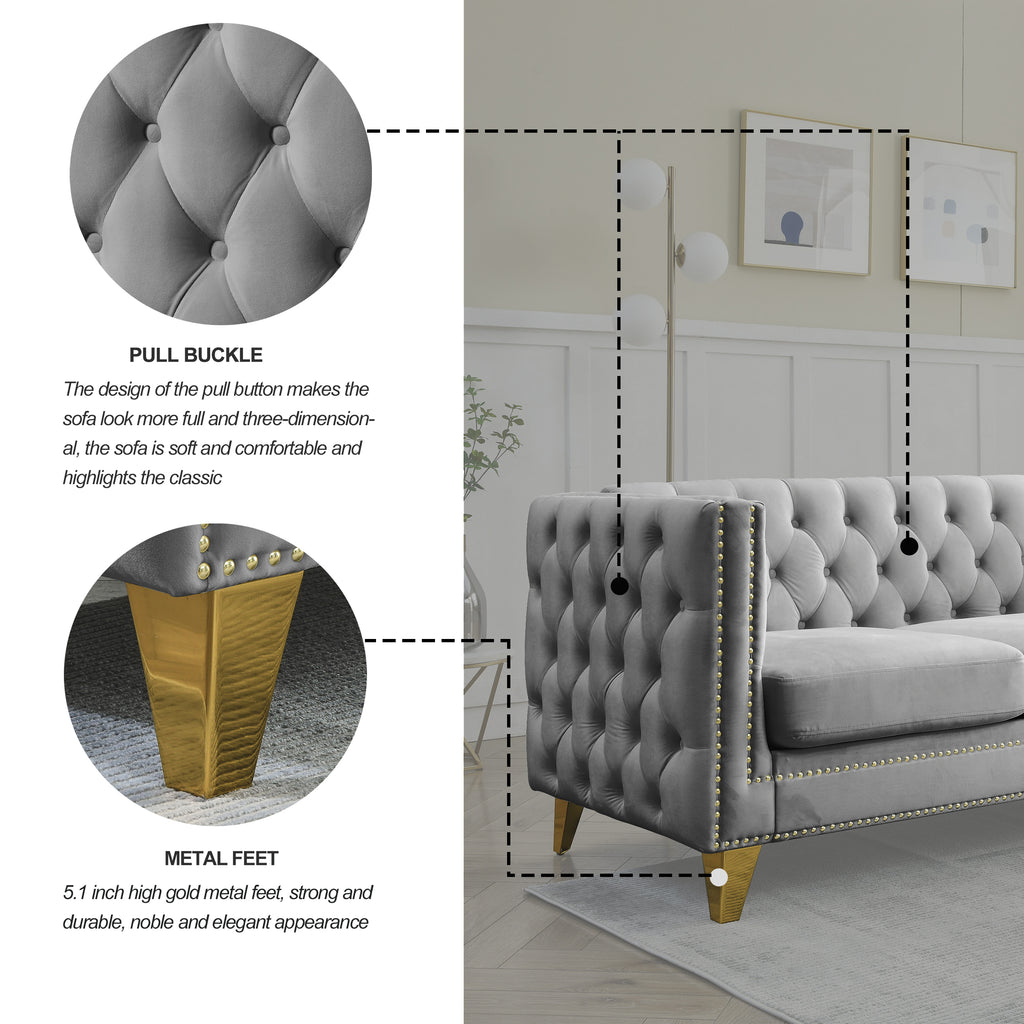 Modern Velvet Sofa with Button Tufting and Metal Legs, Grey Upholstered Couch for Living Room or Bedroom, 3-Seater, Solid Wood Frame, Soft Cotton-Filled Cushions - Grand Goldman Shop