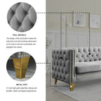 Modern Velvet Sofa with Button Tufting and Metal Legs, Grey Upholstered Couch for Living Room or Bedroom, 3-Seater, Solid Wood Frame, Soft Cotton-Filled Cushions - Grand Goldman Shop