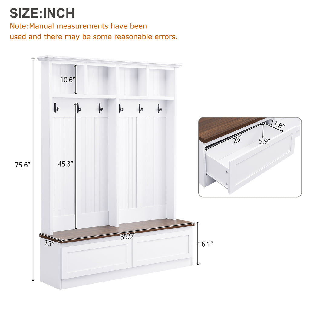 Farmhouse 4-in-1 Hall Tree with Wood Grain Bench, Mudroom Versatile Coat Rack with 2 Large Drawer, Entrance Organizer for Hallway, Living Room, White, 55.9'W (OLD SKU: N721P313099K) - Grand Goldman Shop