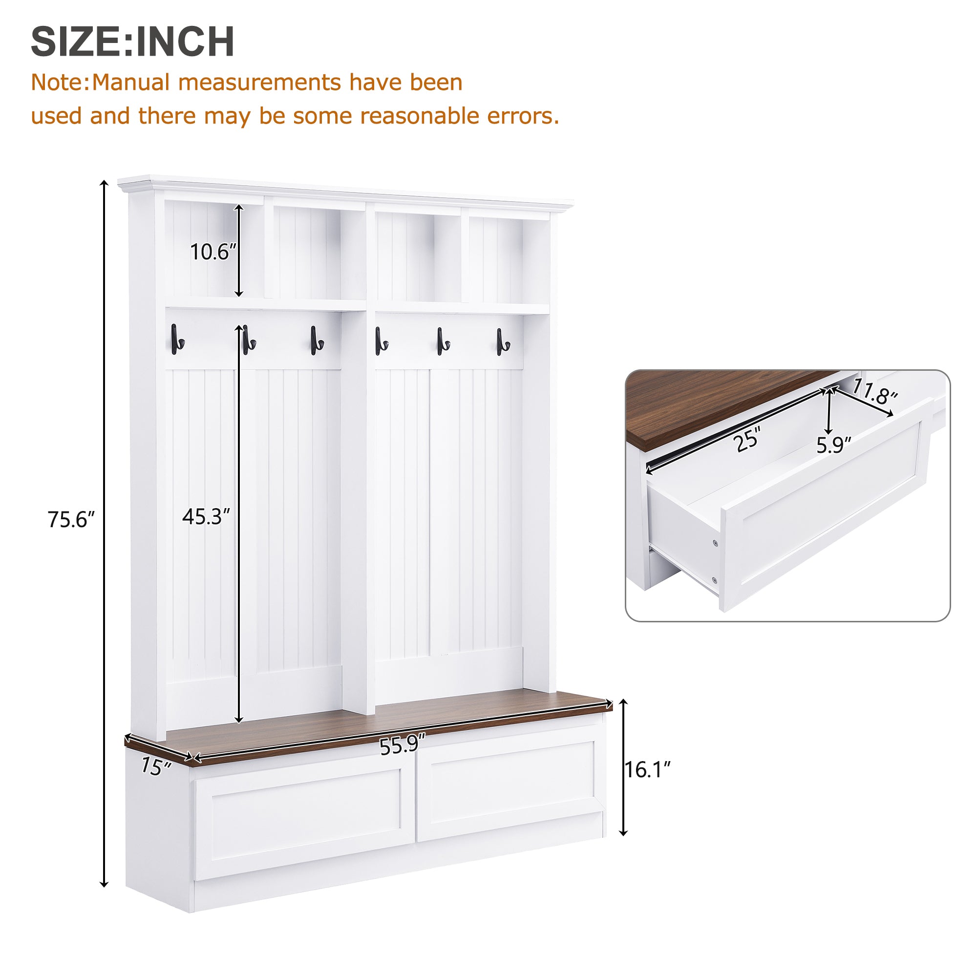 Farmhouse 4-in-1 Hall Tree with Wood Grain Bench, Mudroom Versatile Coat Rack with 2 Large Drawer, Entrance Organizer for Hallway, Living Room, White, 55.9'W (OLD SKU: N721P313099K) - Grand Goldman Shop