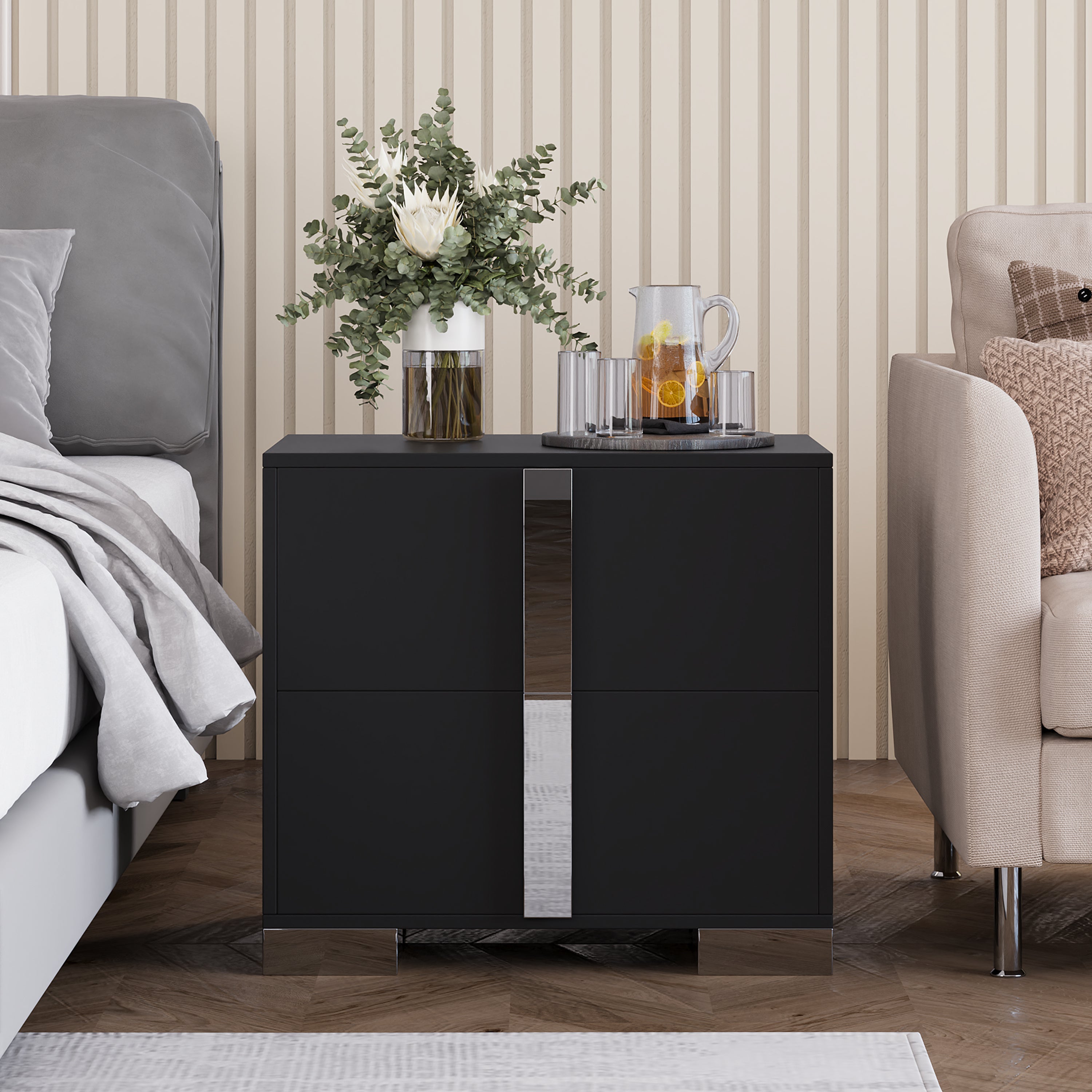 Modern End Table with Drawers, Elegant Nightstand with Metal Foot,Wood Bedside Table with Mirrored Metal Handles,Sofa Side End Table for Bedroom Living Room Office,Black - Grand Goldman Shop