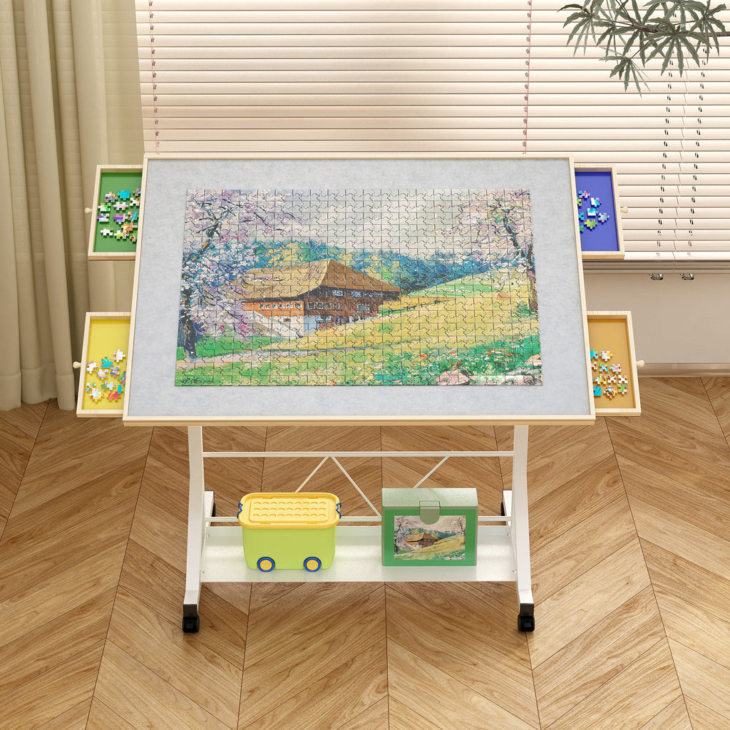 Stylish (WHITE) Wooden 1500 Piece Puzzle Table with Drawer, 35'*27.17' Adjustable Puzzle Table, 360° Tilting Puzzle Table wit