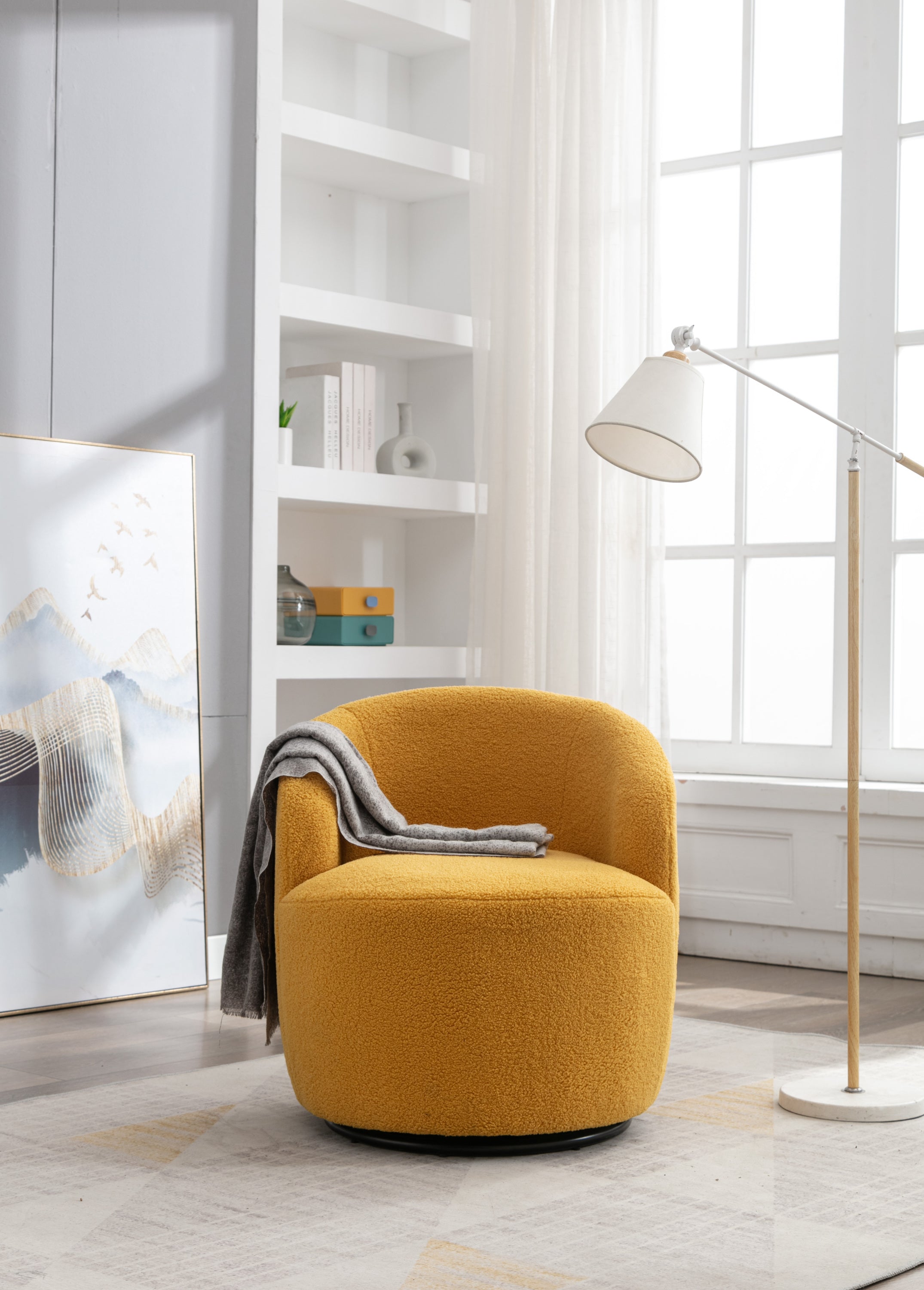 Teddy Fabric Swivel Accent Armchair Barrel Chair With Black Powder Coating Metal Ring,Yellow - Grand Goldman Shop