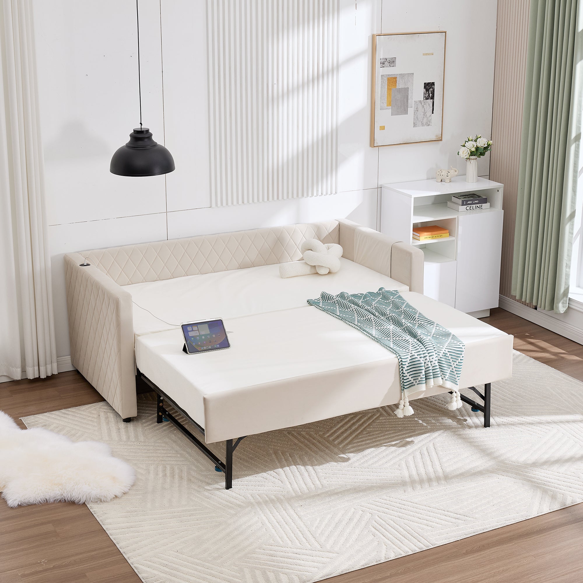 Beige velvet daybed, sturdy wooden bed frame, modern diamond grid pull-out design, perfect for bedroom, living room furniture - Grand Goldman Shop