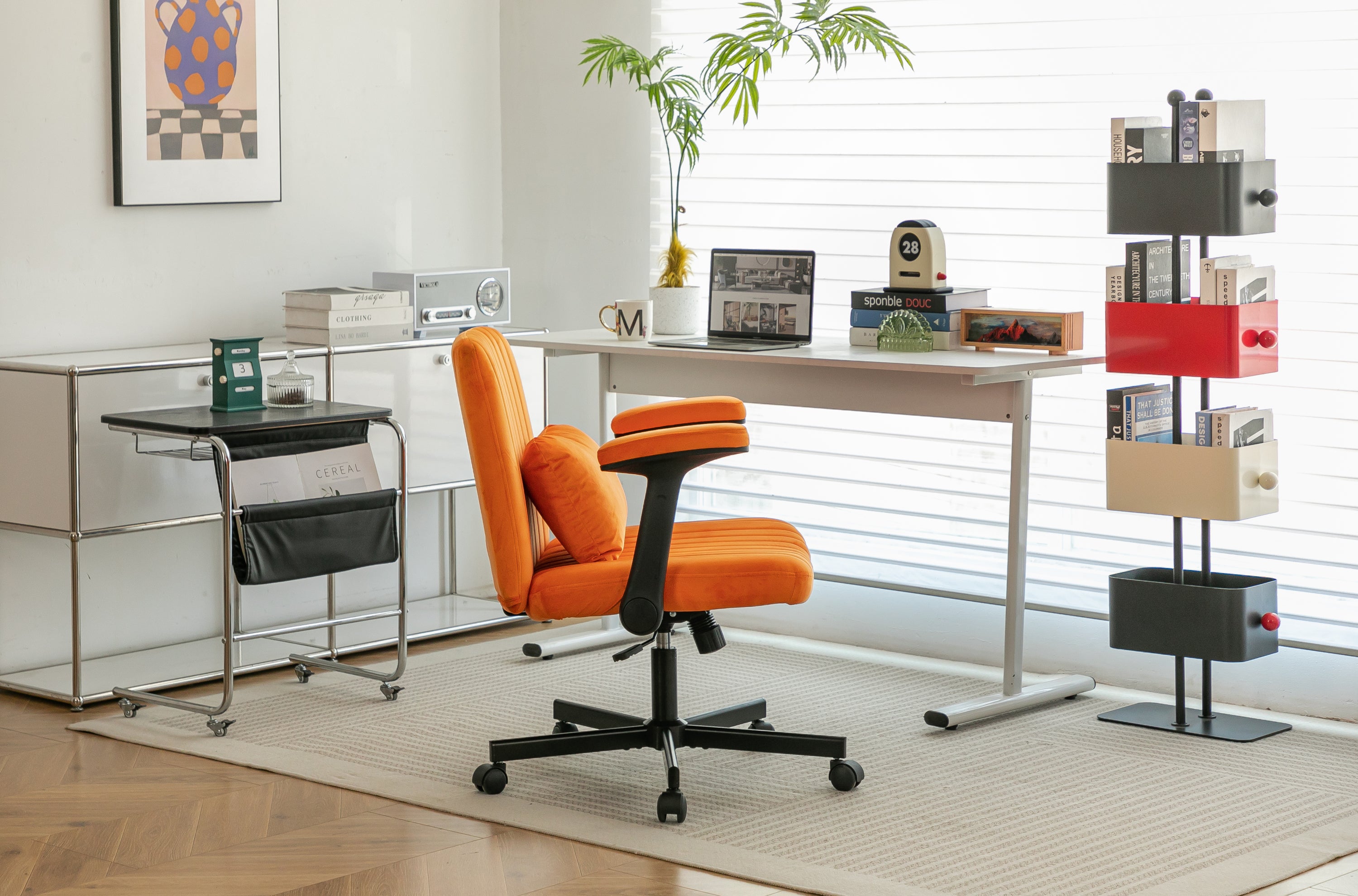 Orange Velvet Criss Cross Armrest Office Chair with Wheels - Stylish for Home Office, Gaming & Makeup - Grand Goldman