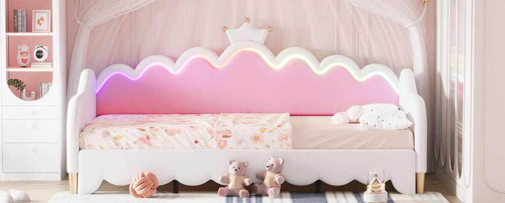 Twin Extending Daybed with LED Lights, Modern Upholstered Princess Daybed With Crown Headboard,White - Grand Goldman Shop