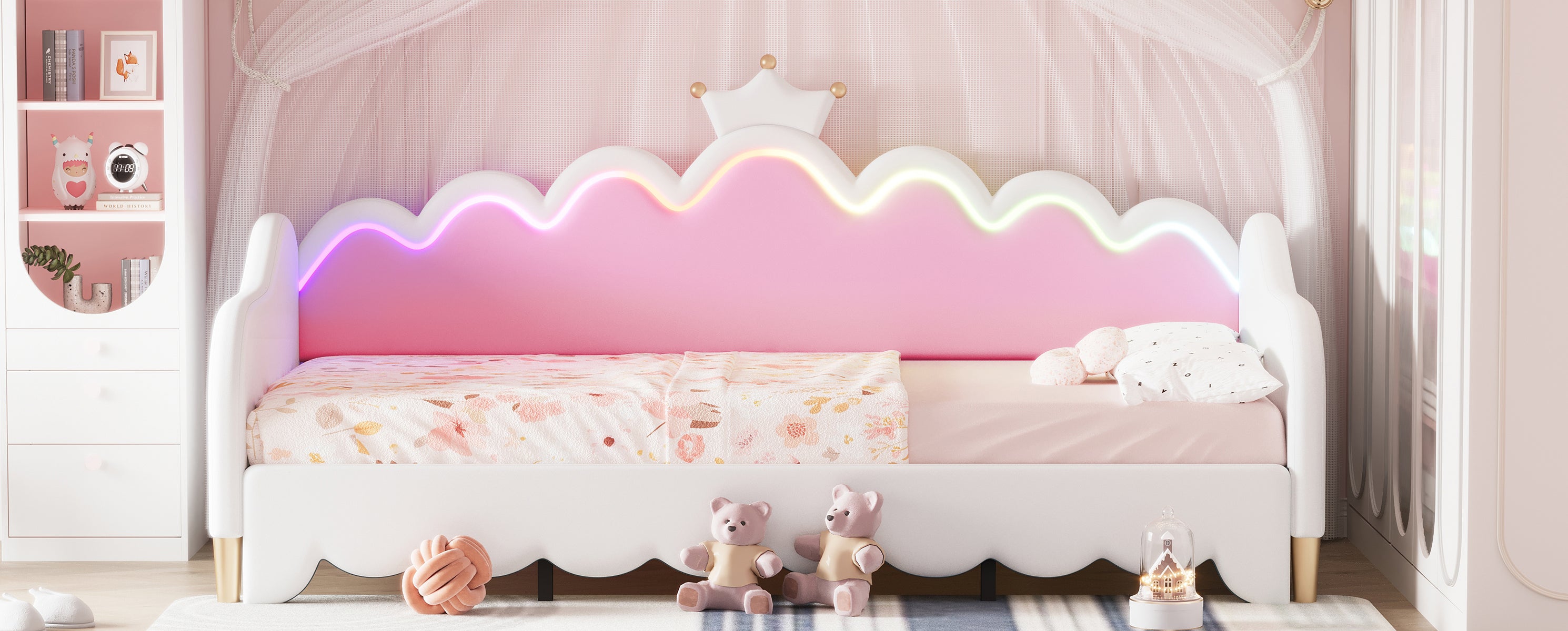 Twin Extending Daybed with LED Lights, Modern Upholstered Princess Daybed With Crown Headboard,White - Grand Goldman Shop