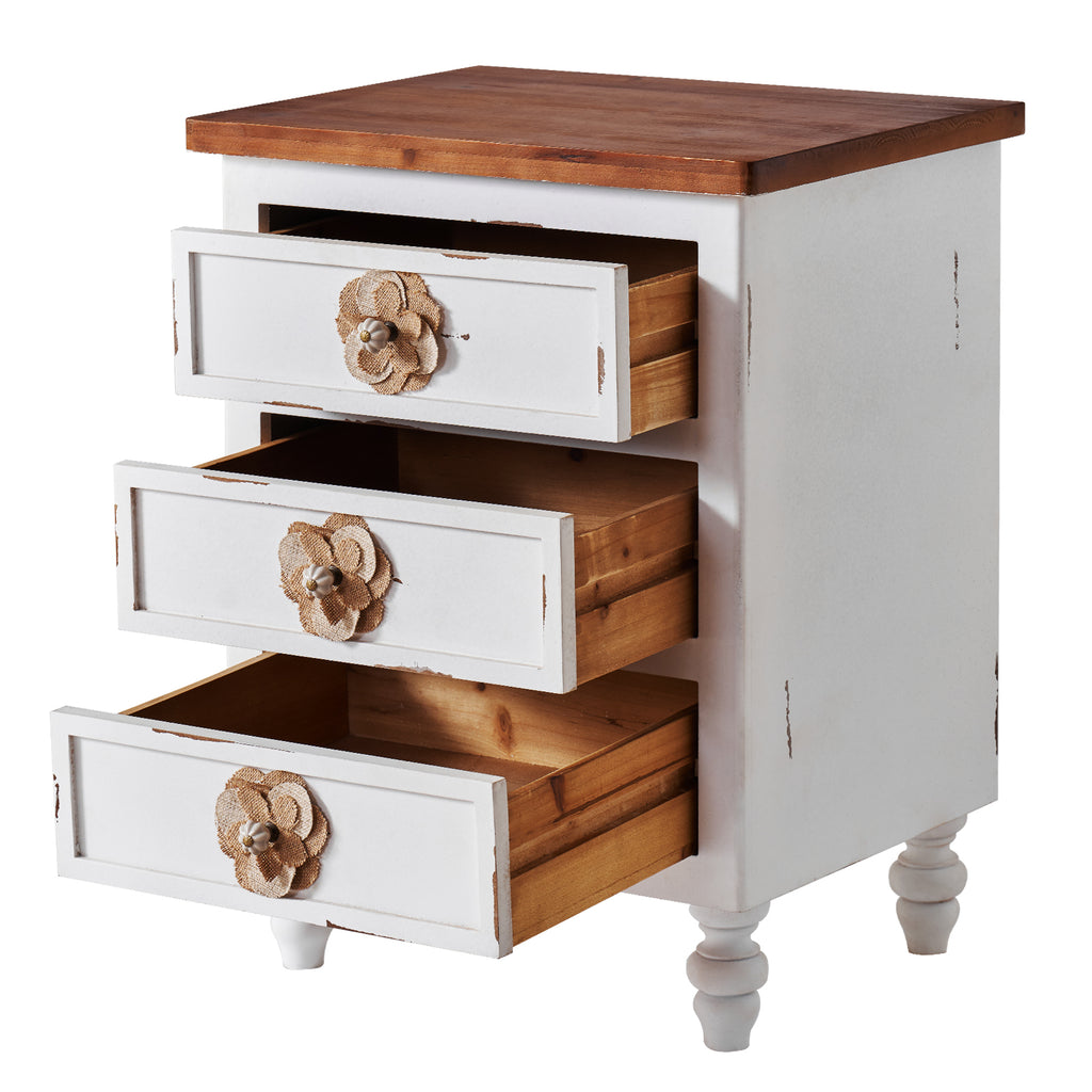 Vintage Farmhouse End Table with Floral Knobs – 19' Rustic Nightstand with 3 Drawers & Gourd Legs,Bedside or Sofa Accent Table, Almost Fully Assembled, Distressed White - Grand Goldman Shop