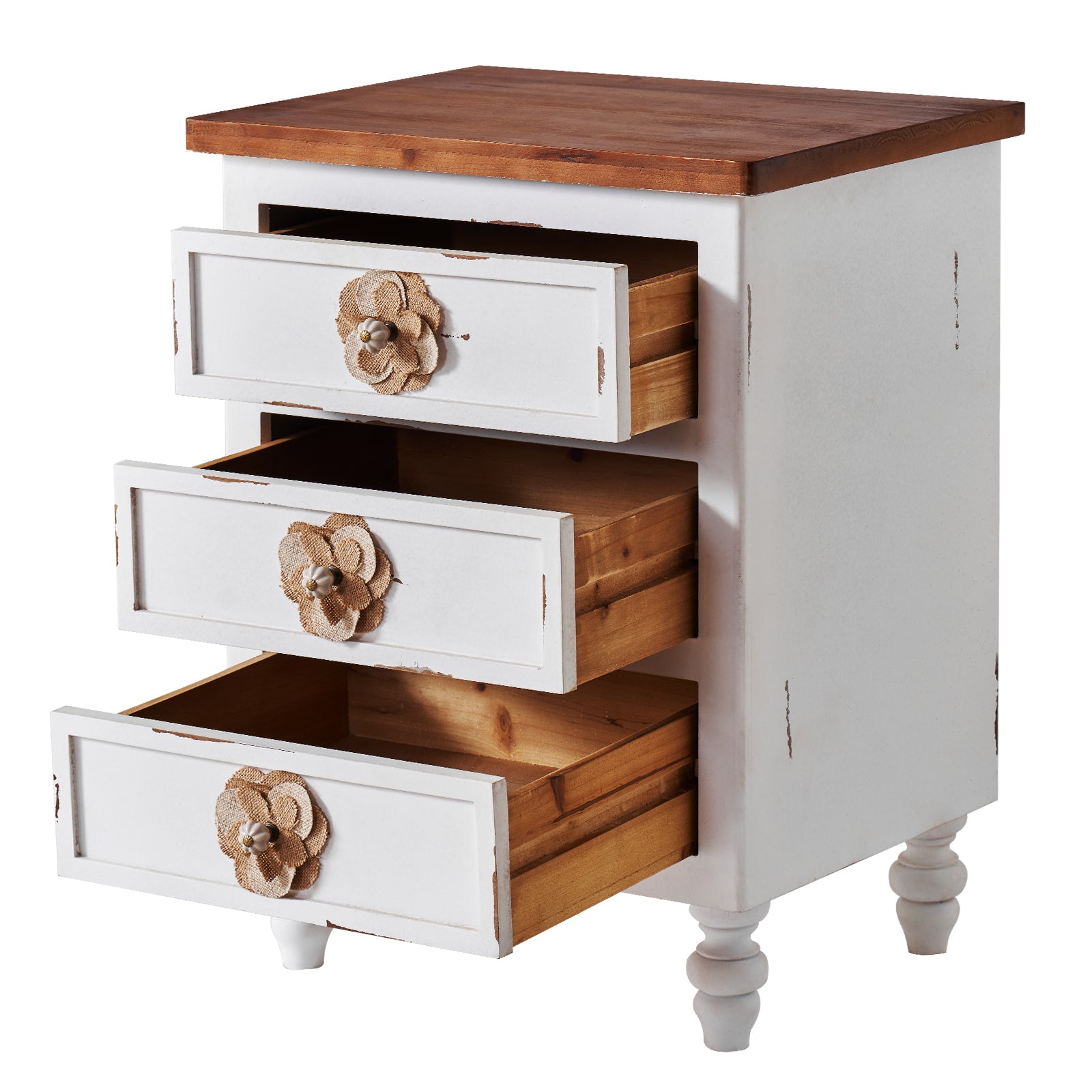 Vintage Farmhouse End Table with Floral Knobs – 19' Rustic Nightstand with 3 Drawers & Gourd Legs,Bedside or Sofa Accent Table, Almost Fully Assembled, Distressed White - Grand Goldman Shop