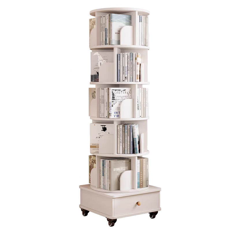 Rotating Bookshelf with Drawer, 360 Display 6 Tier Corner Bookshelf for Small Space, Floor Standing Bookcase Storage Rack, Wood Narrow Organizer for Bedroom, Living Room (WHITE) - Grand Goldman Shop