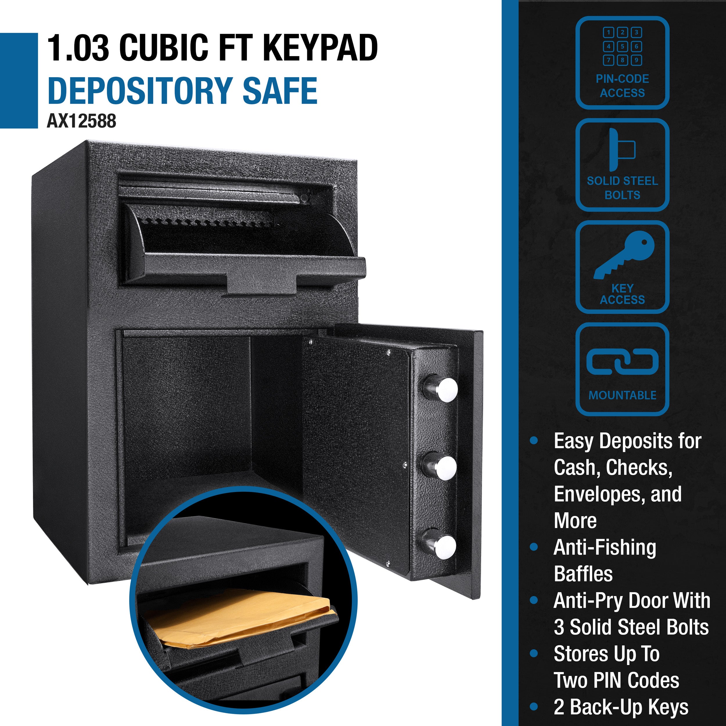 Dx200 Keypad Depository Safe with Anti-Fishing Baffles in Black Steel, 14x14x20 inches | Premium Home Decor - Grand Goldman