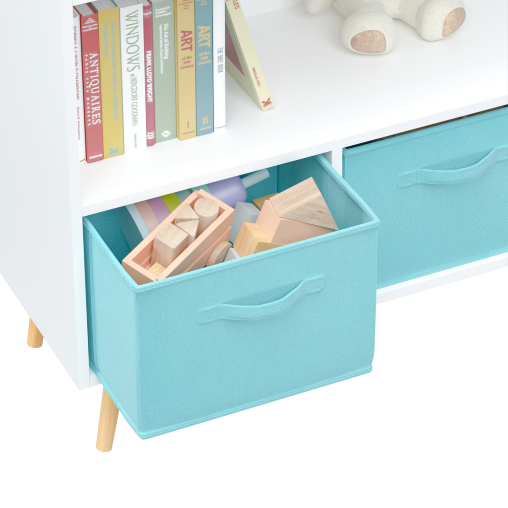 Kids bookcase with Collapsible Fabric Drawers, Children's Book Display, Toy Storage Cabinet Organizer, White/Blue | Premium H