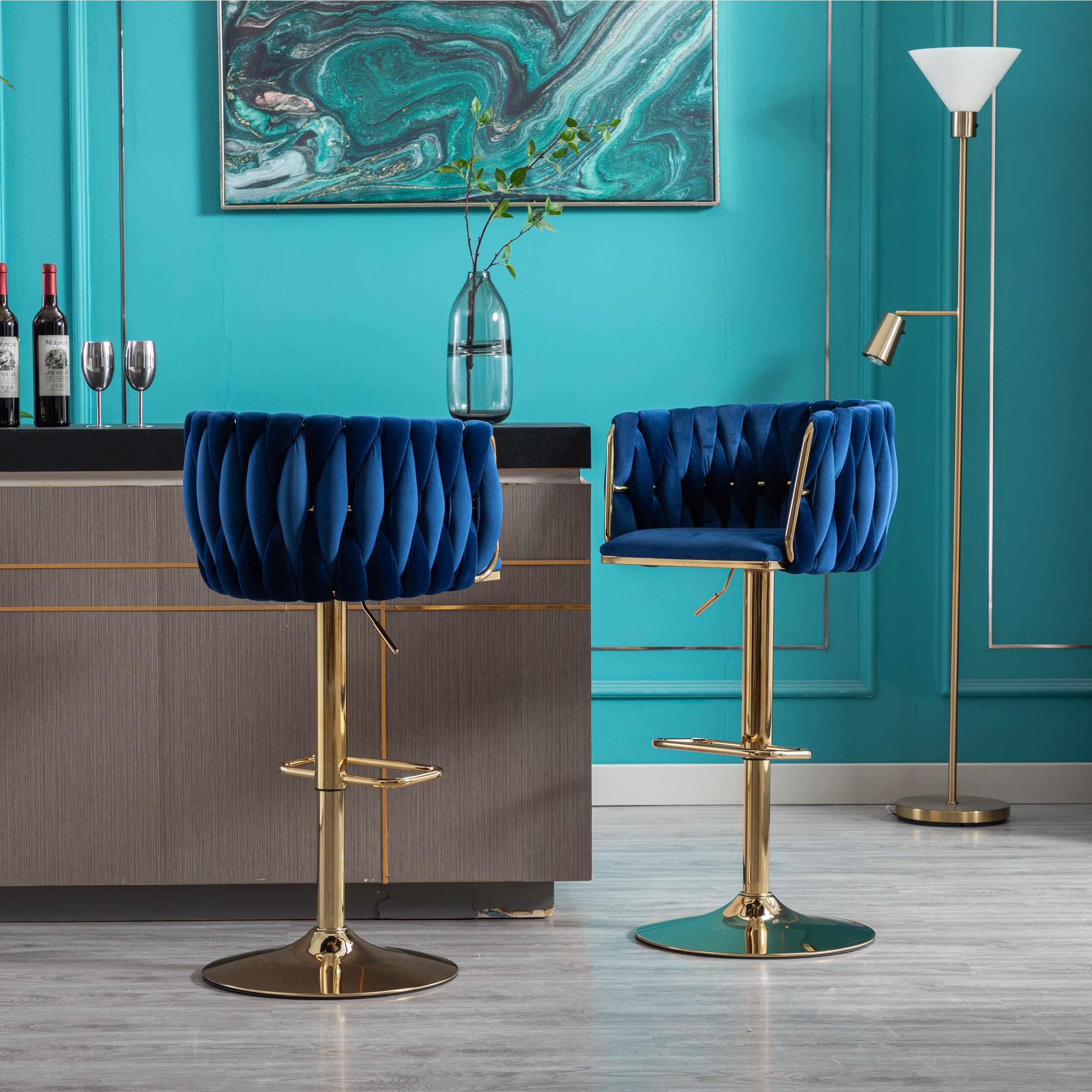 Set of 2  Bar Stools,with Chrome Footrest and Base Swivel Height Adjustable Mechanical Lifting Velvet + Golden Leg Simple Bar Stool-Navy - Grand Goldman Shop