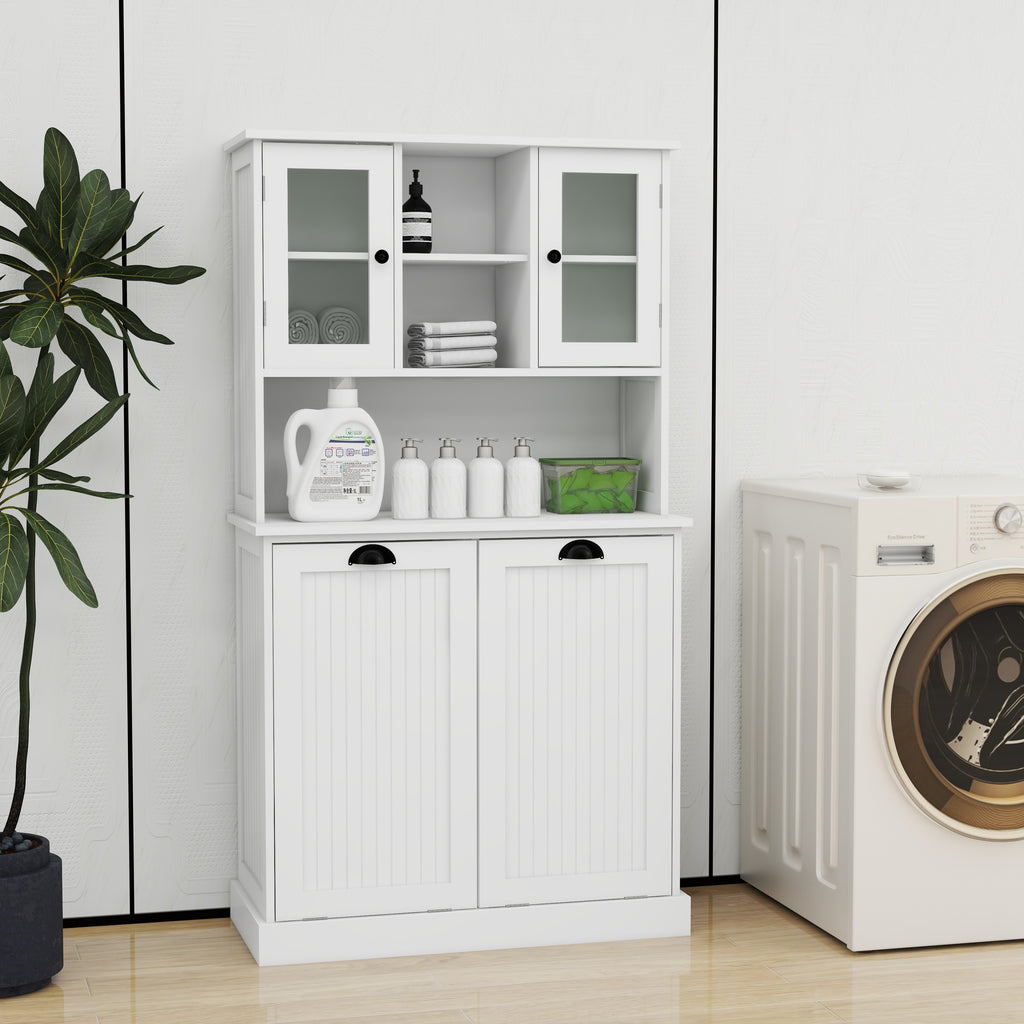 Two-Compartment Tilt-Out Dirty Laundry Basket Tall Bathroom Cabinet with 2 Adjustable Shelves-White - Grand Goldman Shop