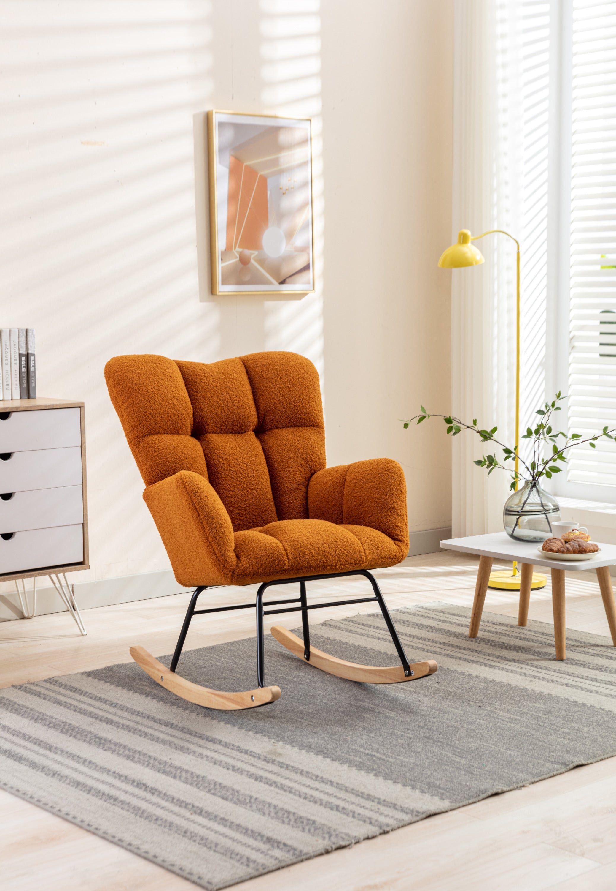 050-Teddy Fabric Rocking Gilder Nursery Chair For Living Room Indoor,Caramel - Grand Goldman Shop