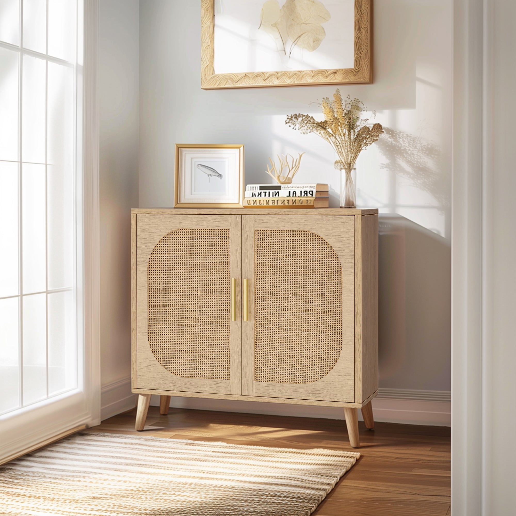 Buffet Cabinet with Storage,  Accent Bathroom Floor Cabinet,with Two Doors and 4 compartments forStorage,Cabinet with Solid Wood Feet,Sideboard Cabinet for Hallway, Entry, Living Room,(Natural Color) - Grand Goldman Shop