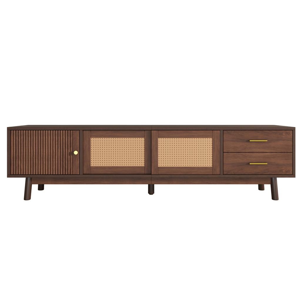 Mid Century Modern TV Stand for 80' TVs with Sliding Doors and Drawers, Dark Brown Rattan Accent Storage Unit in Solid Wood and MDF, 70.87' L x 15.35' W x 18.11' H - Grand Goldman Shop