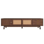 Mid Century Modern TV Stand for 80' TVs with Sliding Doors and Drawers, Dark Brown Rattan Accent Storage Unit in Solid Wood and MDF, 70.87' L x 15.35' W x 18.11' H - Grand Goldman Shop