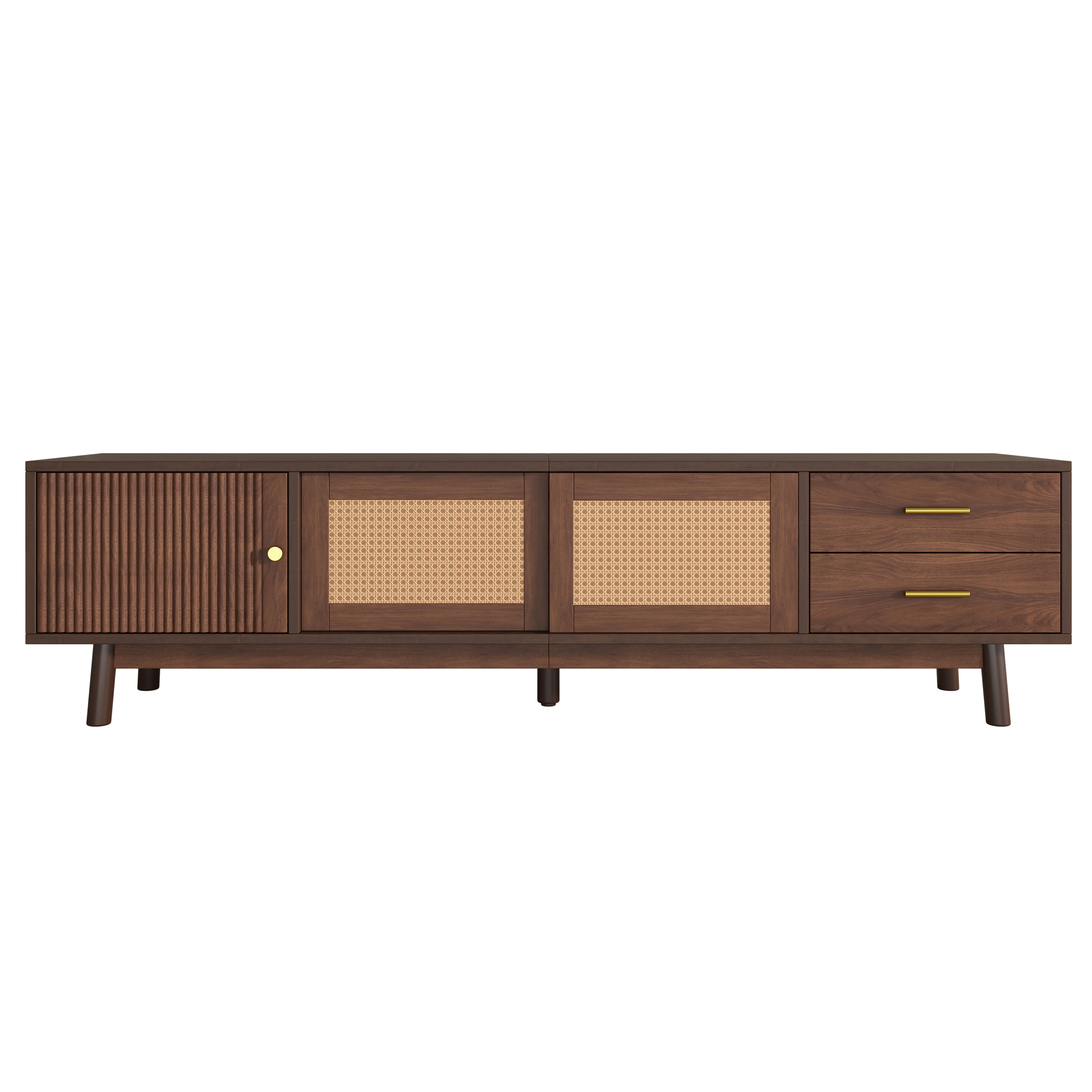 Mid Century Modern TV Stand for 80' TVs with Sliding Doors and Drawers, Dark Brown Rattan Accent Storage Unit in Solid Wood and MDF, 70.87' L x 15.35' W x 18.11' H - Grand Goldman Shop