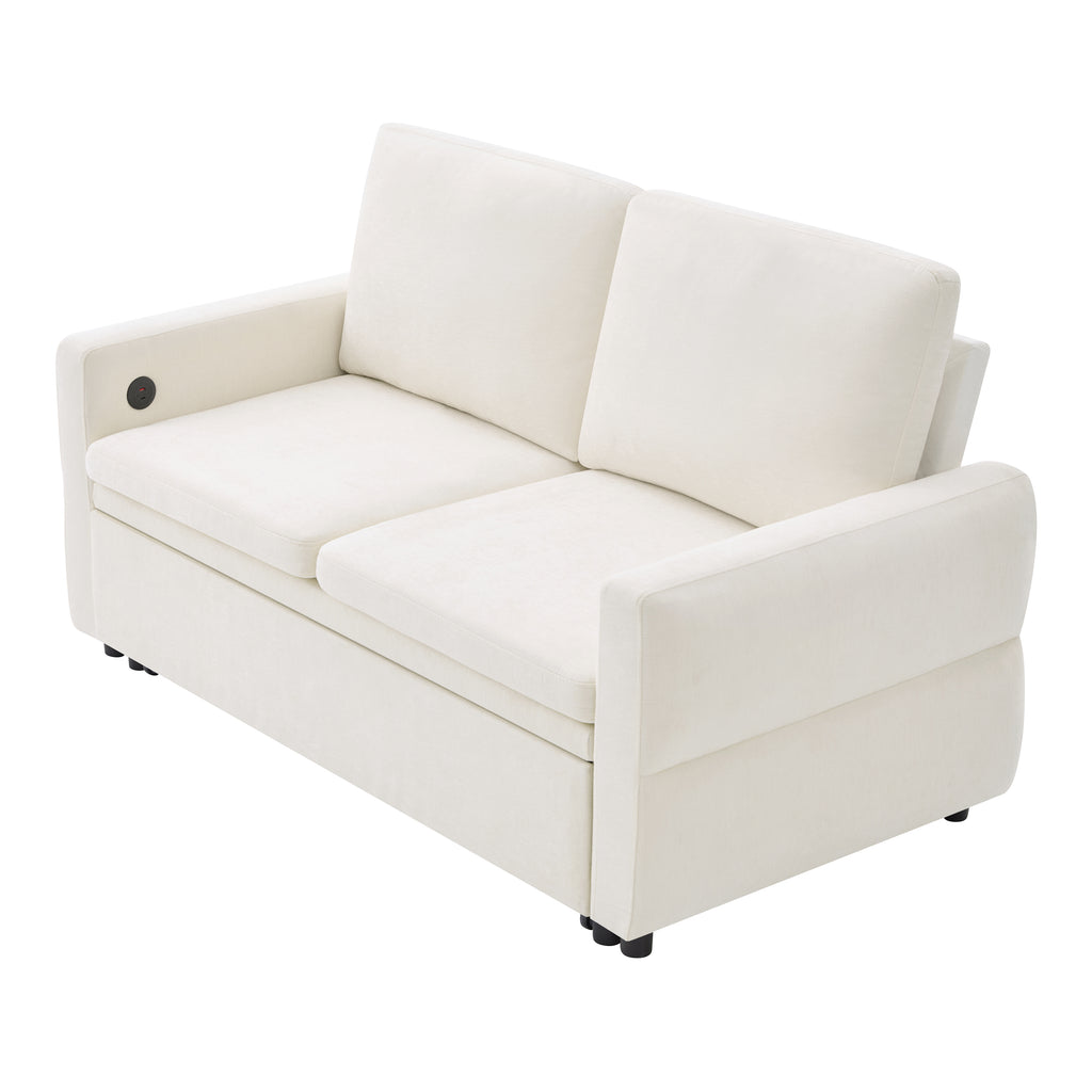 Convertible Sofa Bed 62.75' Loveseat with Adjustable Backrest and USB Ports in Beige Chenille Fabric - Grand Goldman Shop
