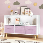 Modern Kids Bookcase with Collapsible Fabric Drawers, Children's Book Display & Toy Storage, White/Pink MDF & Pine Legs | Pre