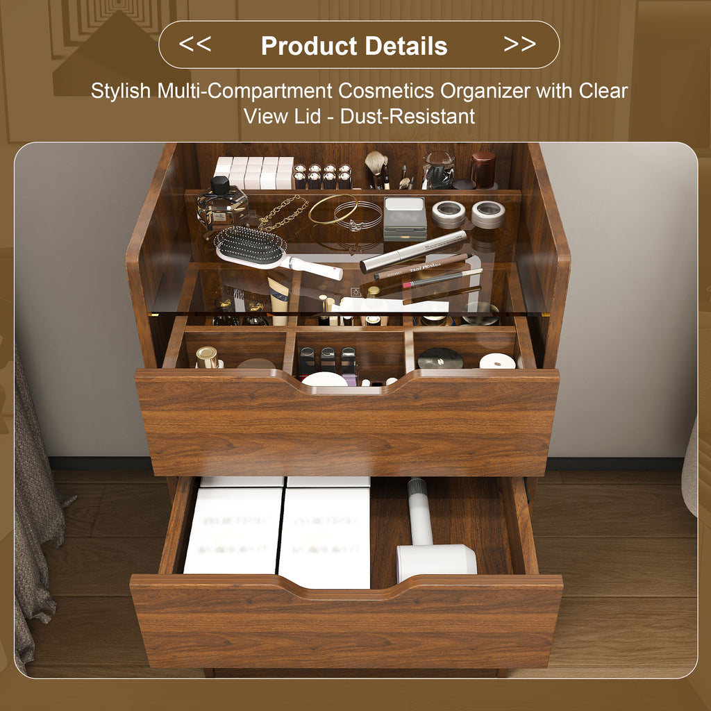 3-in-1 Vanity Desk with Lighted Mirror & Stool, Flip Top Makeup Dressing Table in Walnut Finish, Compact Storage for Bedroom or Bathroom - Grand Goldman Shop
