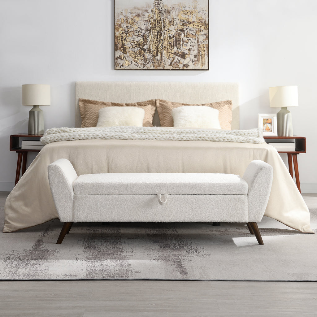 60'' Modern Storage Bench with Rubberwood  Legs, Cream Teddy Fabric, Padded Seat for Living Room & Bedroom - Grand Goldman Shop