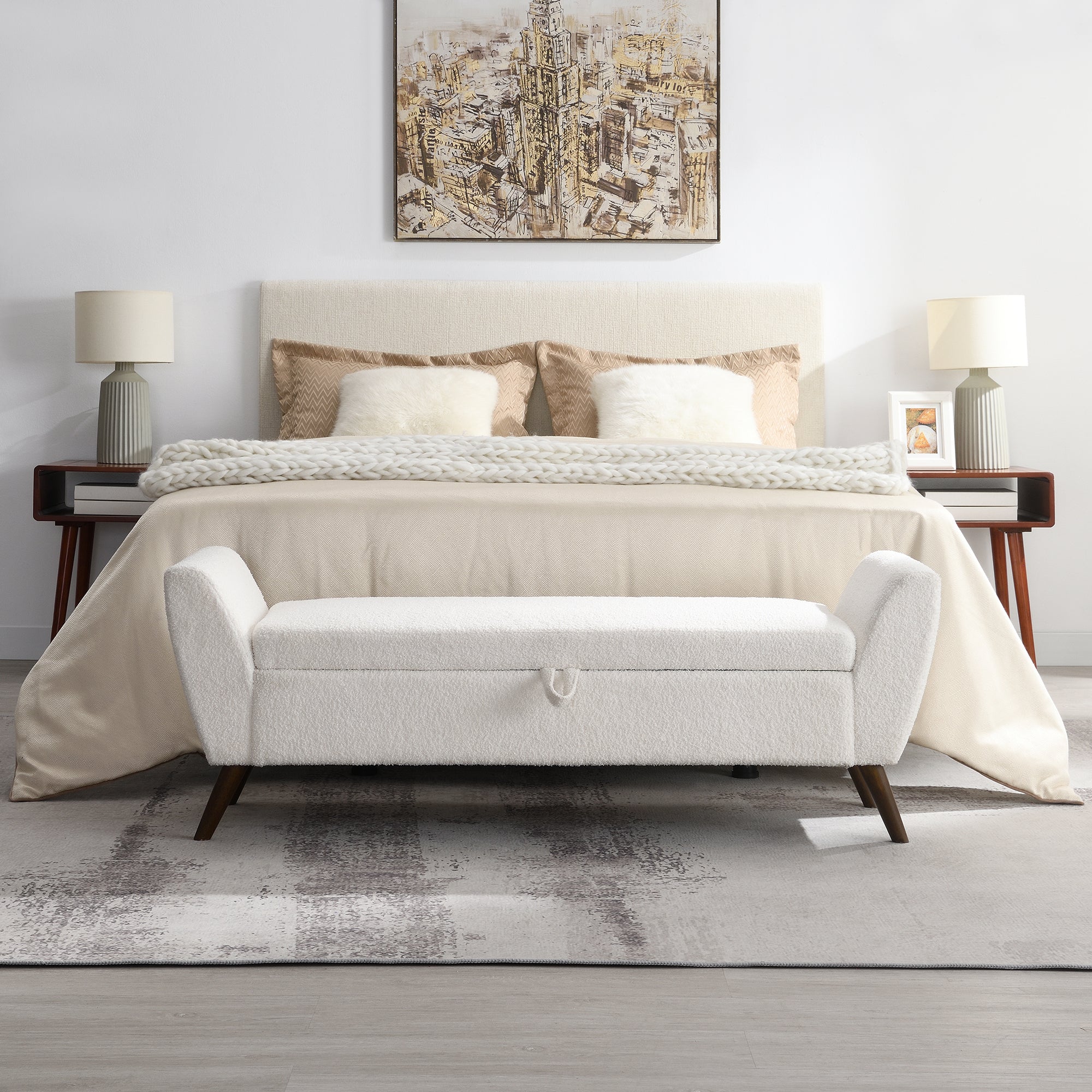 60'' Modern Storage Bench with Rubberwood  Legs, Cream Teddy Fabric, Padded Seat for Living Room & Bedroom - Grand Goldman Shop
