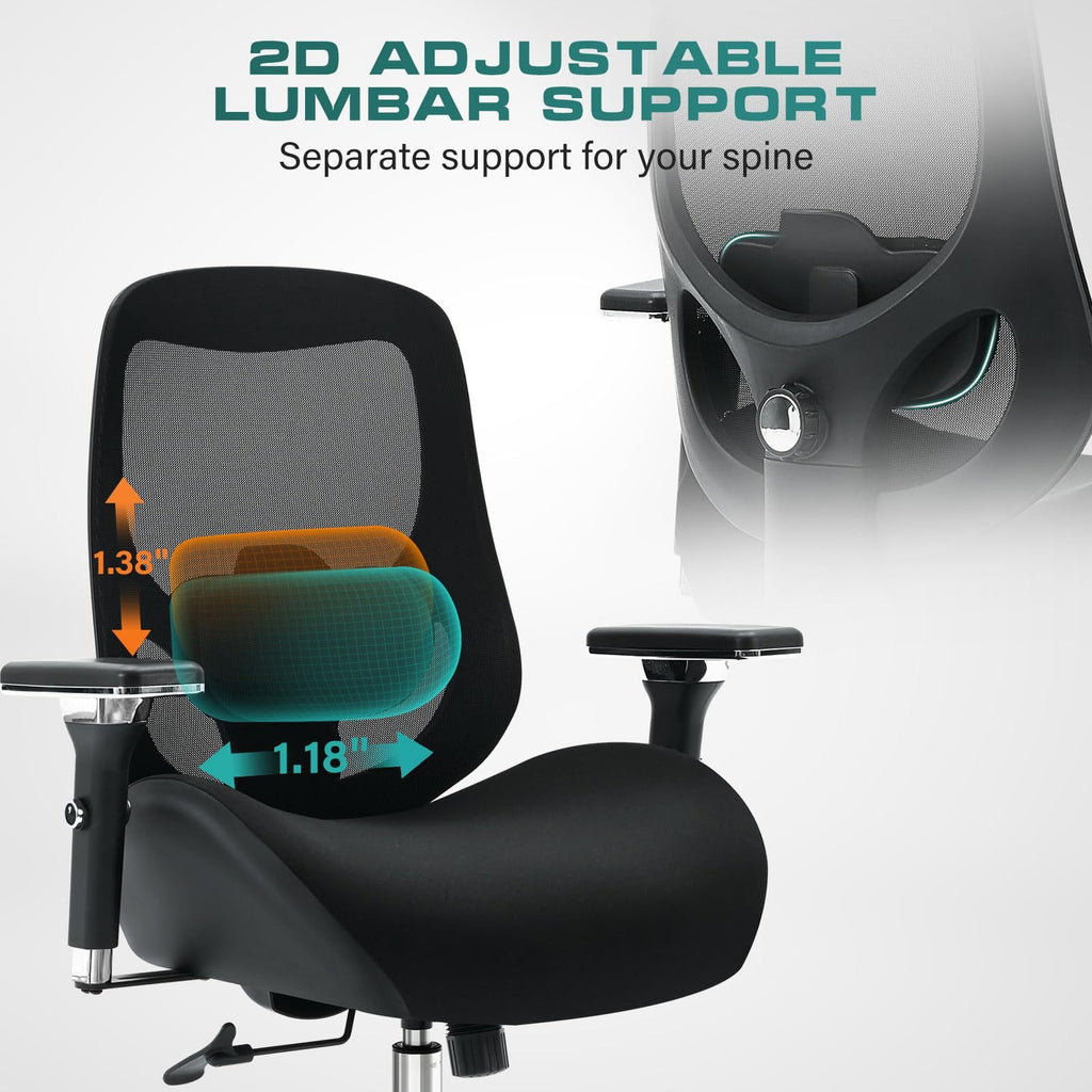 Big and Tall Office Chair with Wide Thick Seat Cushion for Heavy People Ergonomic Computer Mesh Desk Chairs with 4D Armrests,