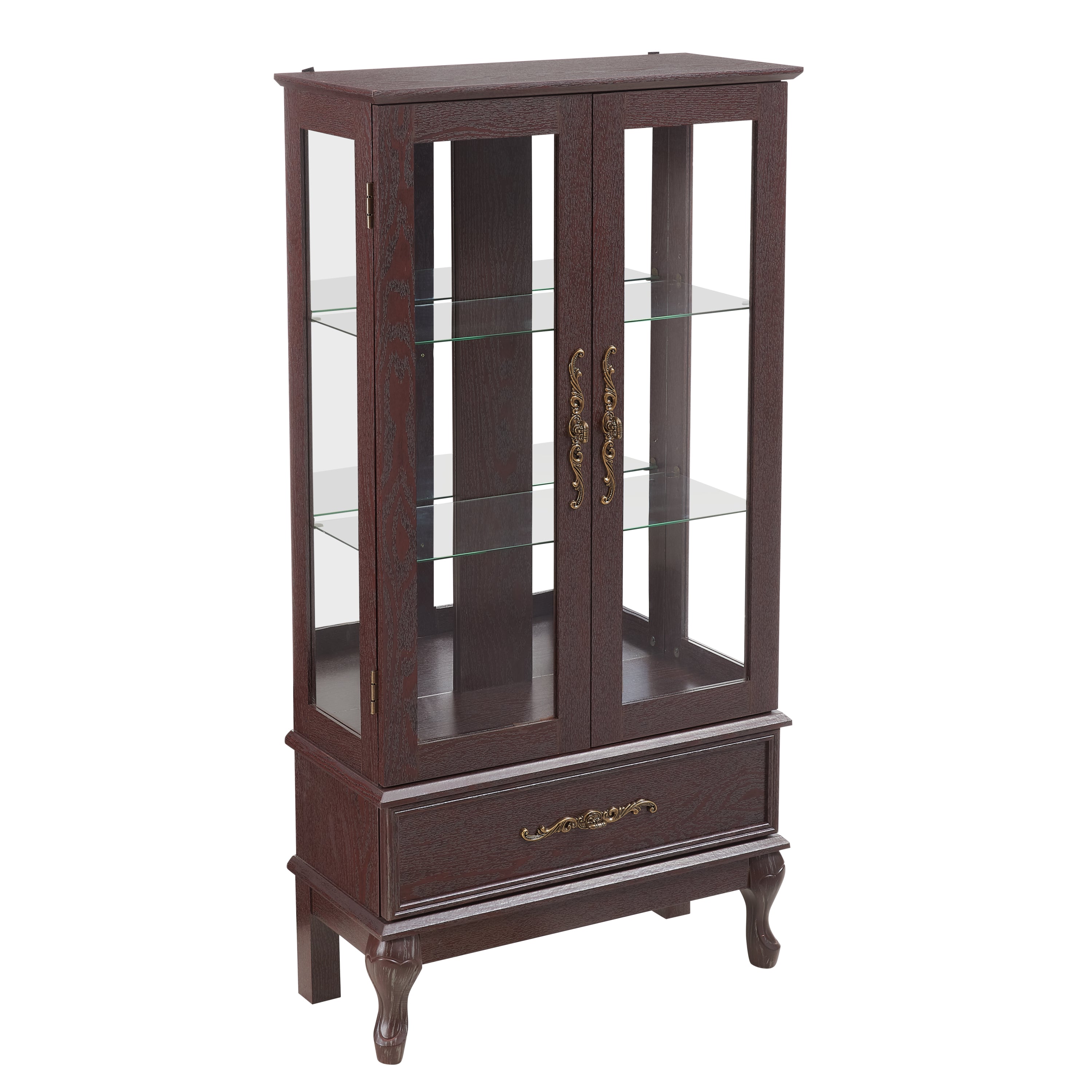 Curio Cabinet Lighted Glass Cabinet Glass Wine Cabinet Curio Display Cabinet with Adjustable Glass Shelves 2 Doors and 1 drawer Cabinet Sideboard With Bulb Included Dark Cherry - Grand Goldman Shop