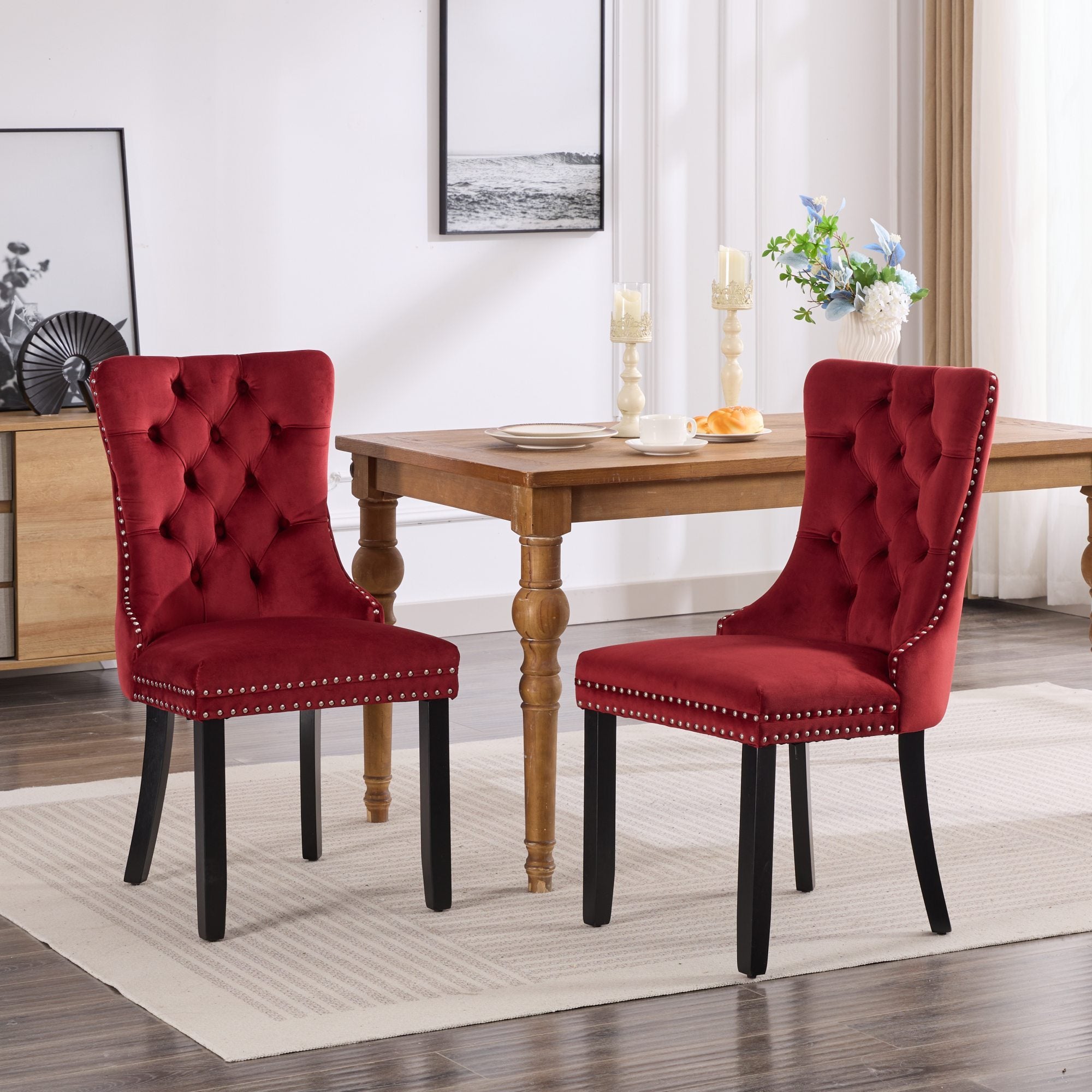 Classic Velvet Dining Chairs,  High-end Tufted Solid Wood Contemporary Velvet Upholstered Dining Chair with Wood Legs Nailhead, SET OF 2,Burgundy, Wine Red,SW2001WR - Grand Goldman Shop