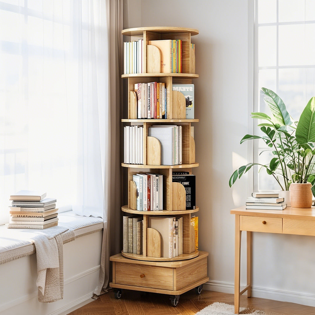 6 Tier Rotating Bookshelf, 360° Display Round Spinning Bookshelf with Wheels and Drawer, Space-Saving, Small Space Rotating Bookshelf Tower for Bedroom, Living Room, Home, Office, Wood Color - Grand Goldman Shop
