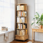 6 Tier Rotating Bookshelf, 360° Display Round Spinning Bookshelf with Wheels and Drawer, Space-Saving, Small Space Rotating Bookshelf Tower for Bedroom, Living Room, Home, Office, Wood Color - Grand Goldman Shop